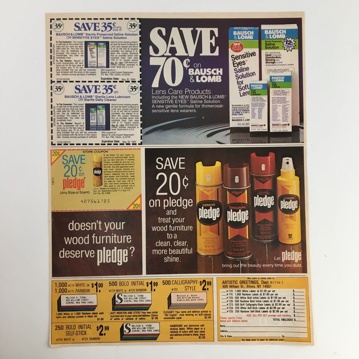 Coupon advertisement featuring savings on Bausch & Lomb products and Pledge wood care items, showcasing discounts with vibrant product images and a call to action for consumers to save money.
