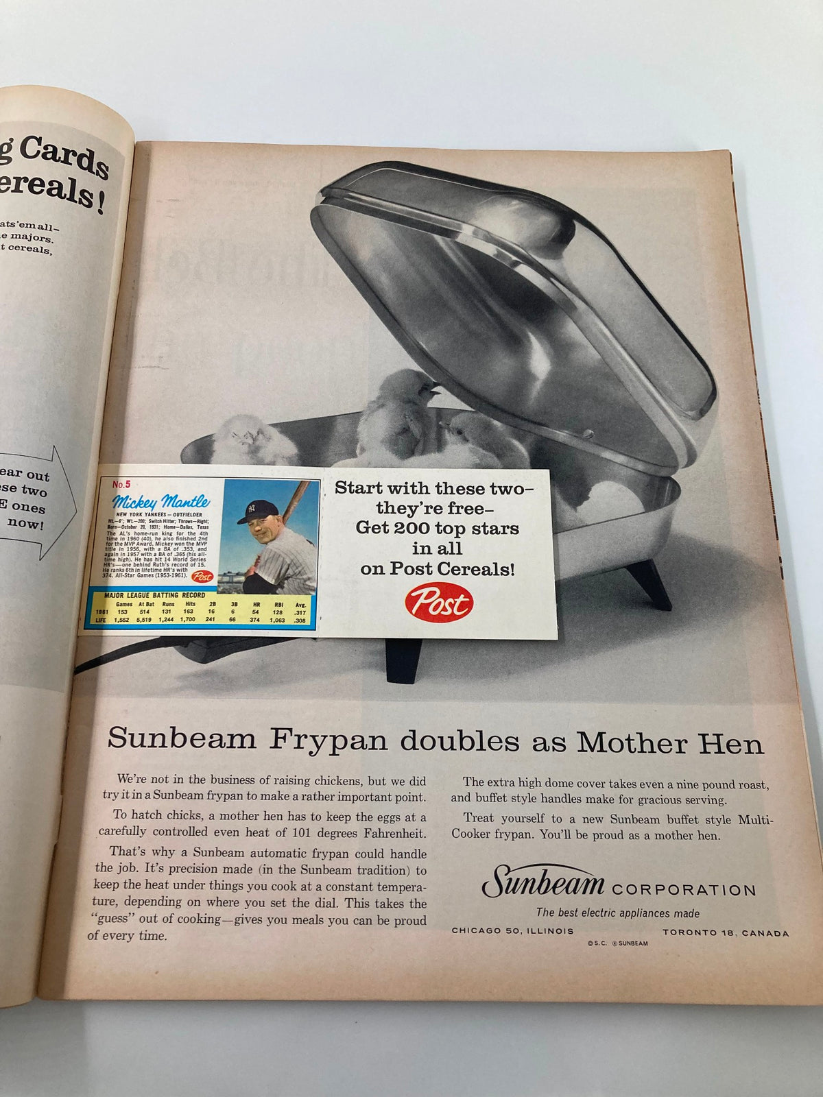 Inside page of VTG Life Magazine April 13 1962 showcasing an advertisement for Sunbeam Frypan with a collectible Mickey Mantle baseball card.