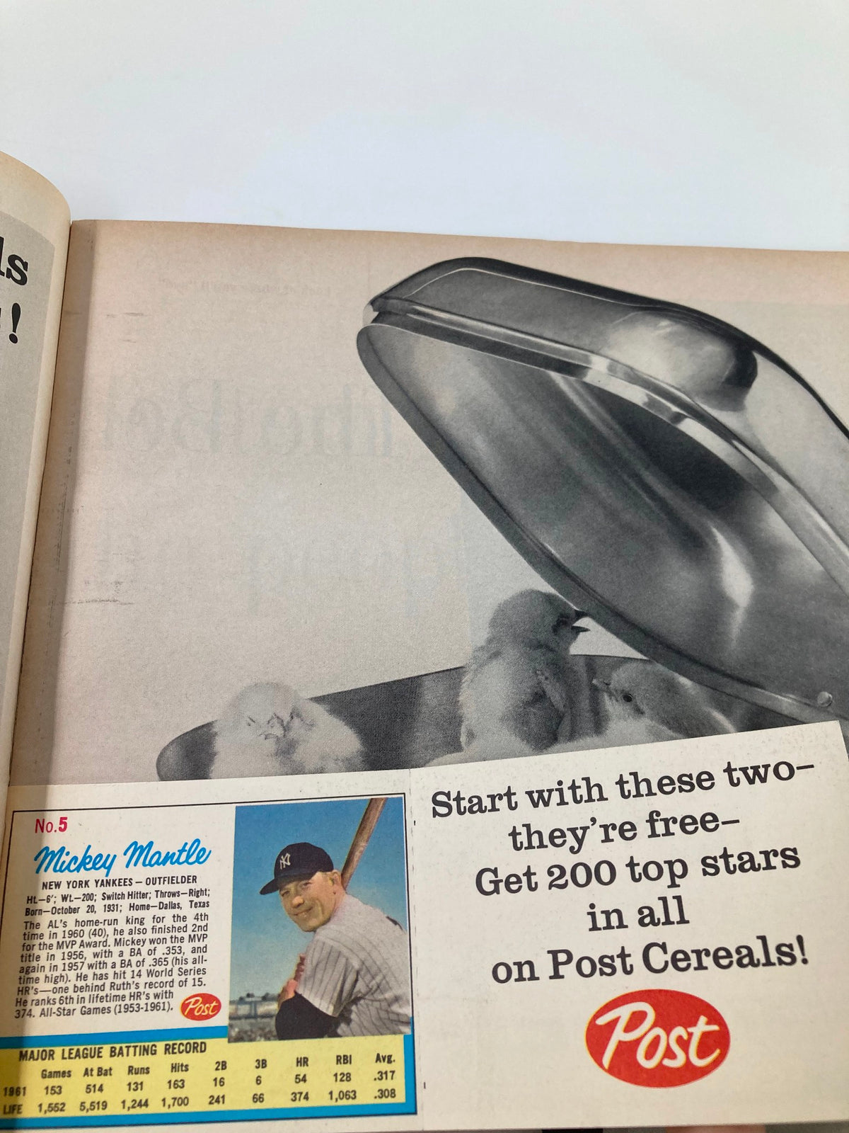 VTG Life Magazine April 13 1962 featuring Mickey Mantle's baseball card advertisement on Post cereals with chicks in a bowl.