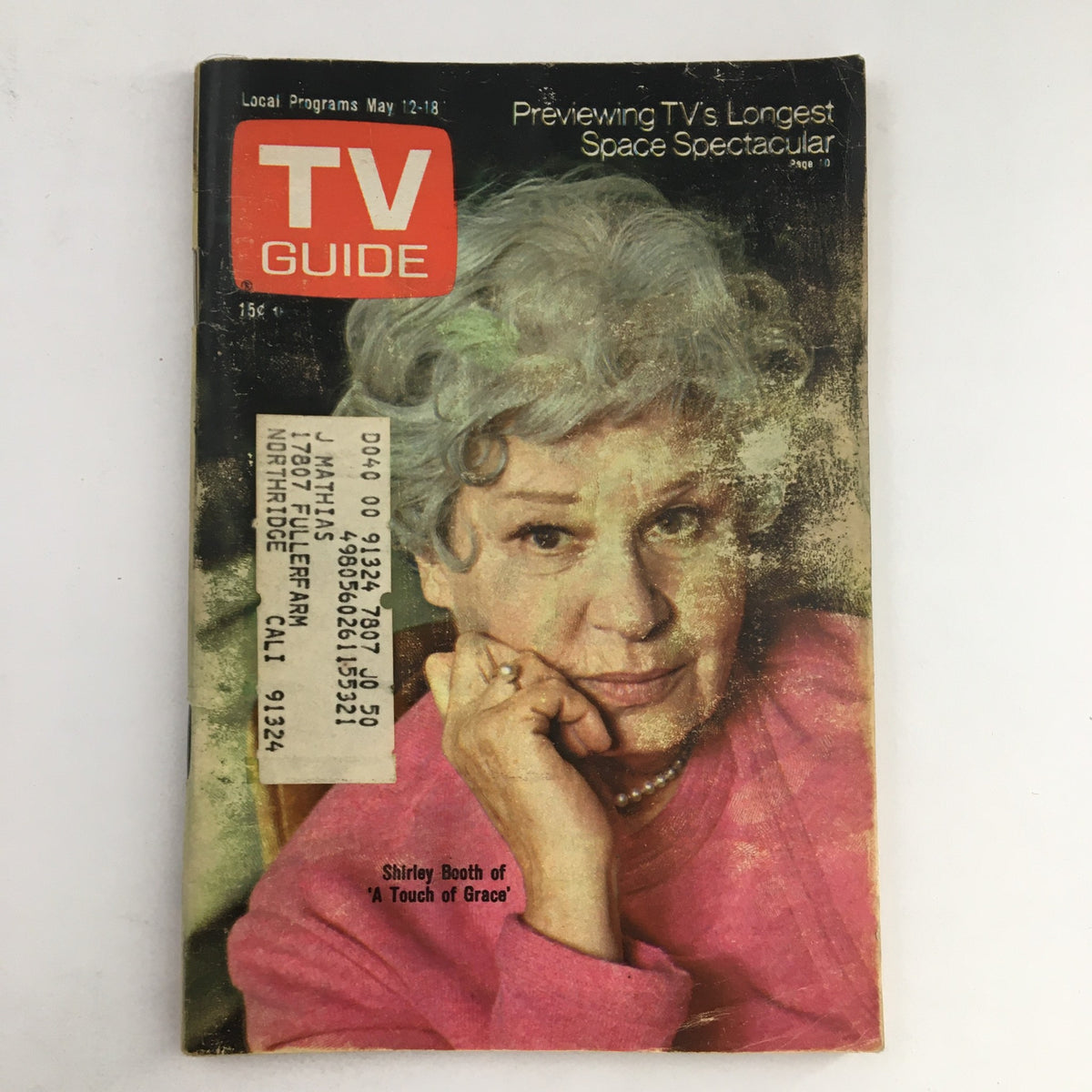 Cover of TV Guide Magazine May 12, 1973, featuring Shirley Booth from 'A Touch of Grace' with local program details and vintage label.