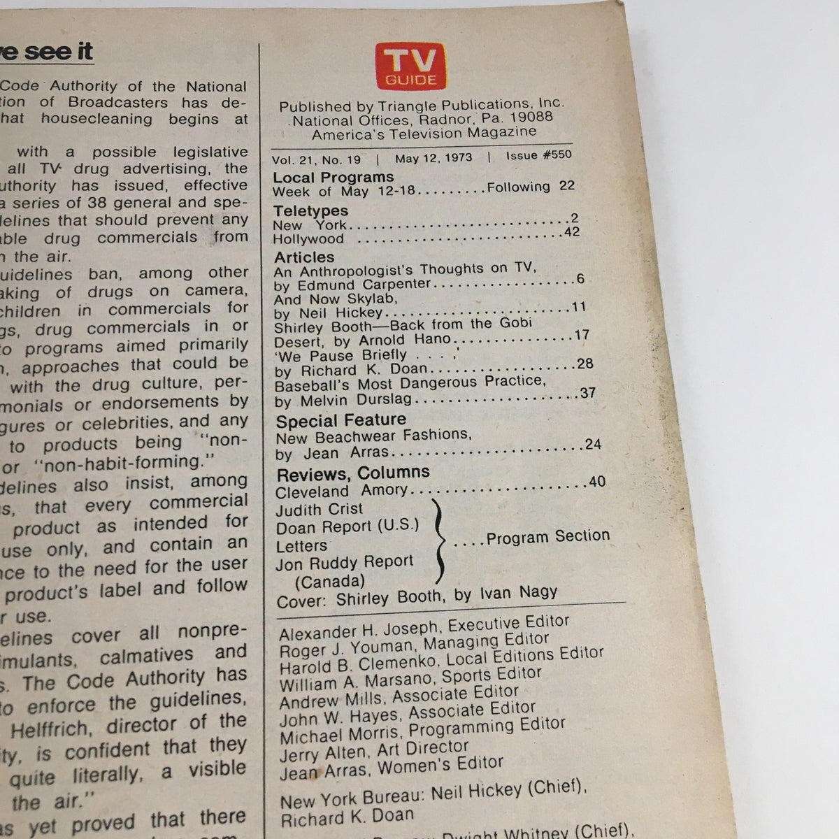 Inside page of TV Guide Magazine May 12, 1973, detailing local programs and articles including Shirley Booth feature.