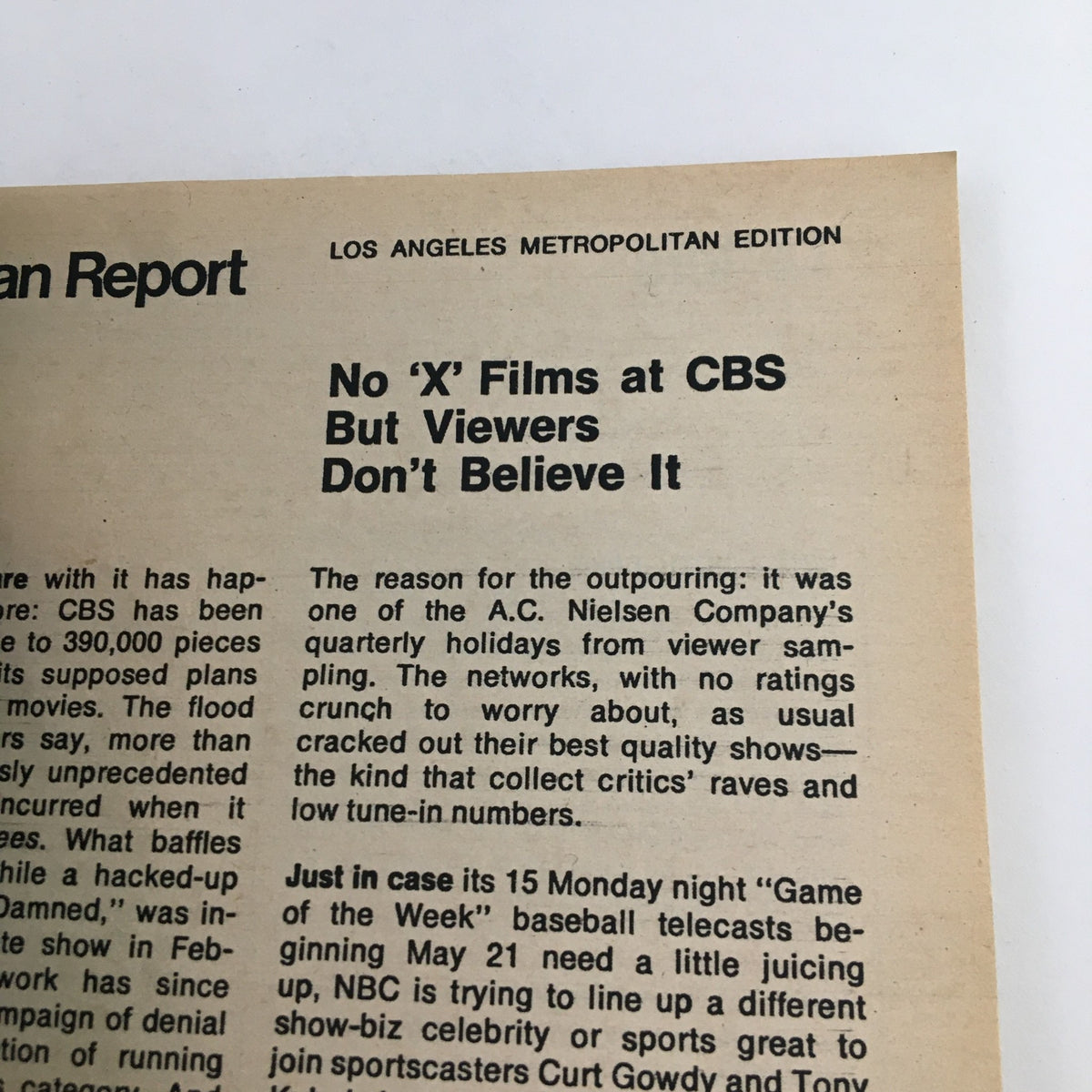 TV Guide Magazine May 12 1973 article titled 'No ‘X’ Films at CBS But Viewers Don’t Believe It' discussing CBS's programming and viewer reception, featured in the L.A. Edition with a vintage aesthetic.