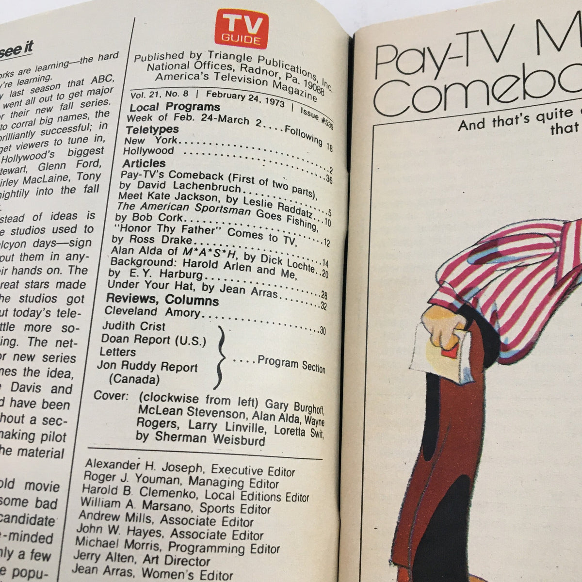Inside page of TV Guide Magazine February 24, 1973 displaying the editorial details and articles, focusing on classic television and the significance of the M*A*S*H cast.