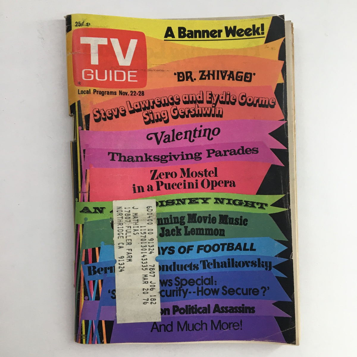 TV Guide Magazine cover from November 22, 1975, featuring Zero Mostel's performance in a Puccini opera. The cover highlights notable shows and events, branded with 'A Banner Week!'.