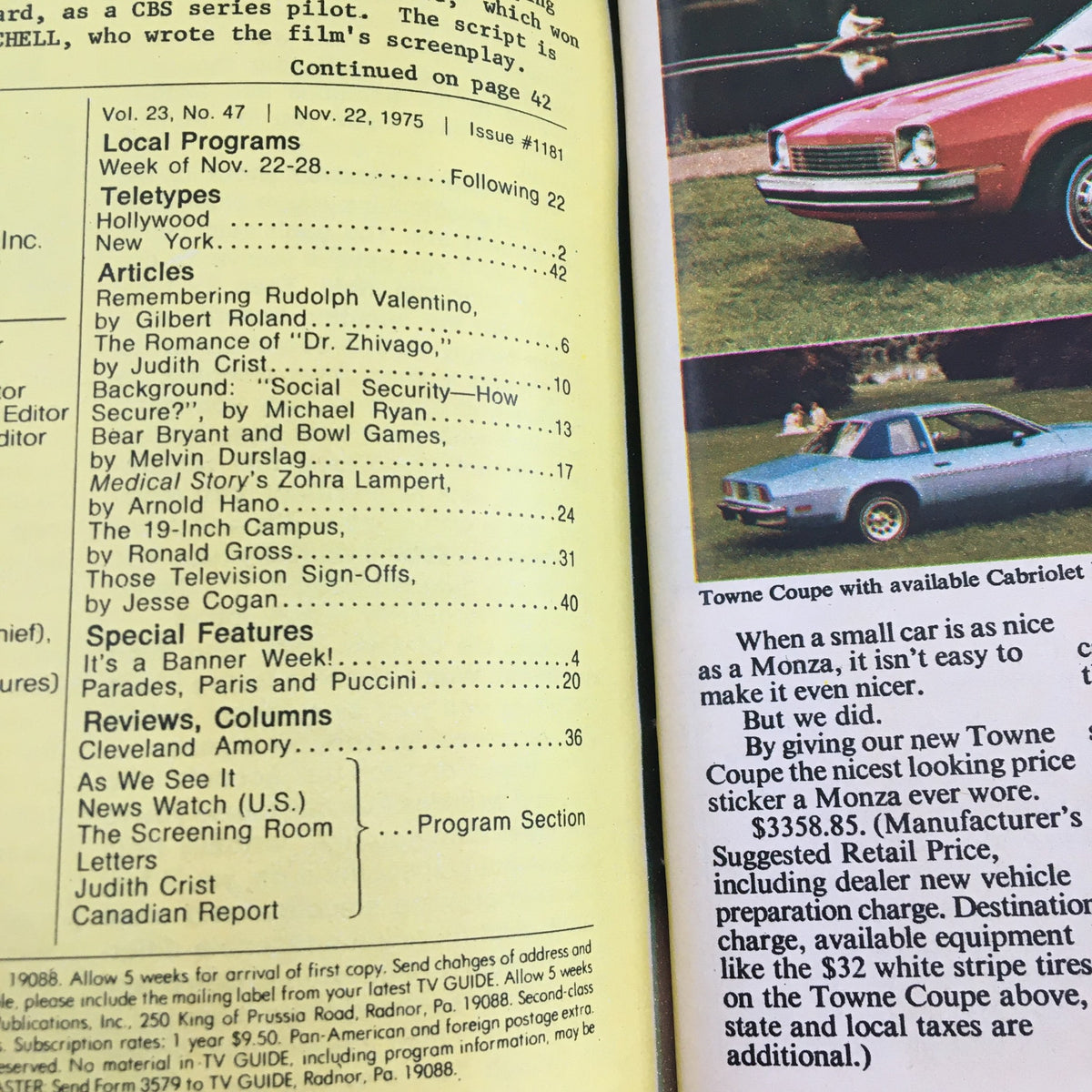 Interior page of the TV Guide Magazine November 22, 1975, detailing local programs and articles including features on Rudolph Valentino and 'Dr. Zhivago', alongside the context of the entertainment world.