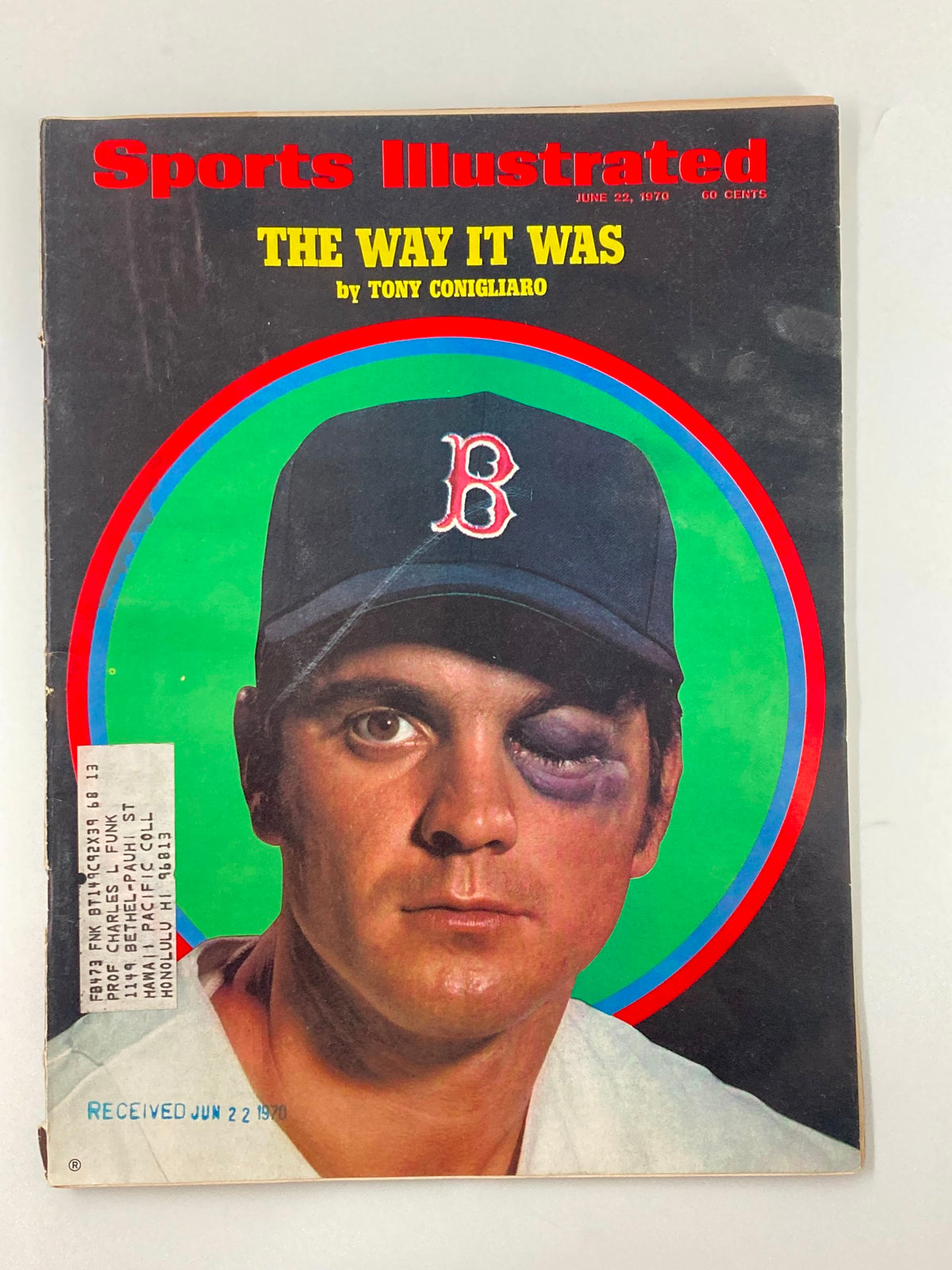 Front cover of the Sports Illustrated magazine dated June 22, 1970, featuring the title 'The Way It Was' by Tony Conigliaro. The cover showcases a portrait of Conigliaro with a visible black eye, surrounded by colorful graphic design.