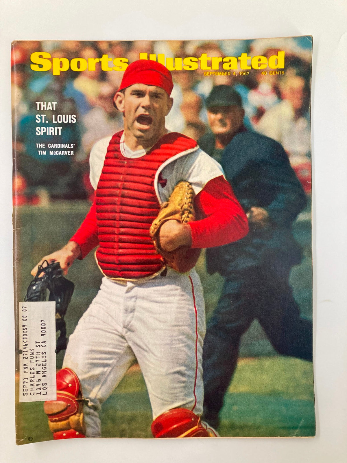 Vintage Sports Illustrated magazine cover from September 4, 1967 featuring Tim McCarver of the St. Louis Cardinals, showcasing his passionate expression as a catcher.