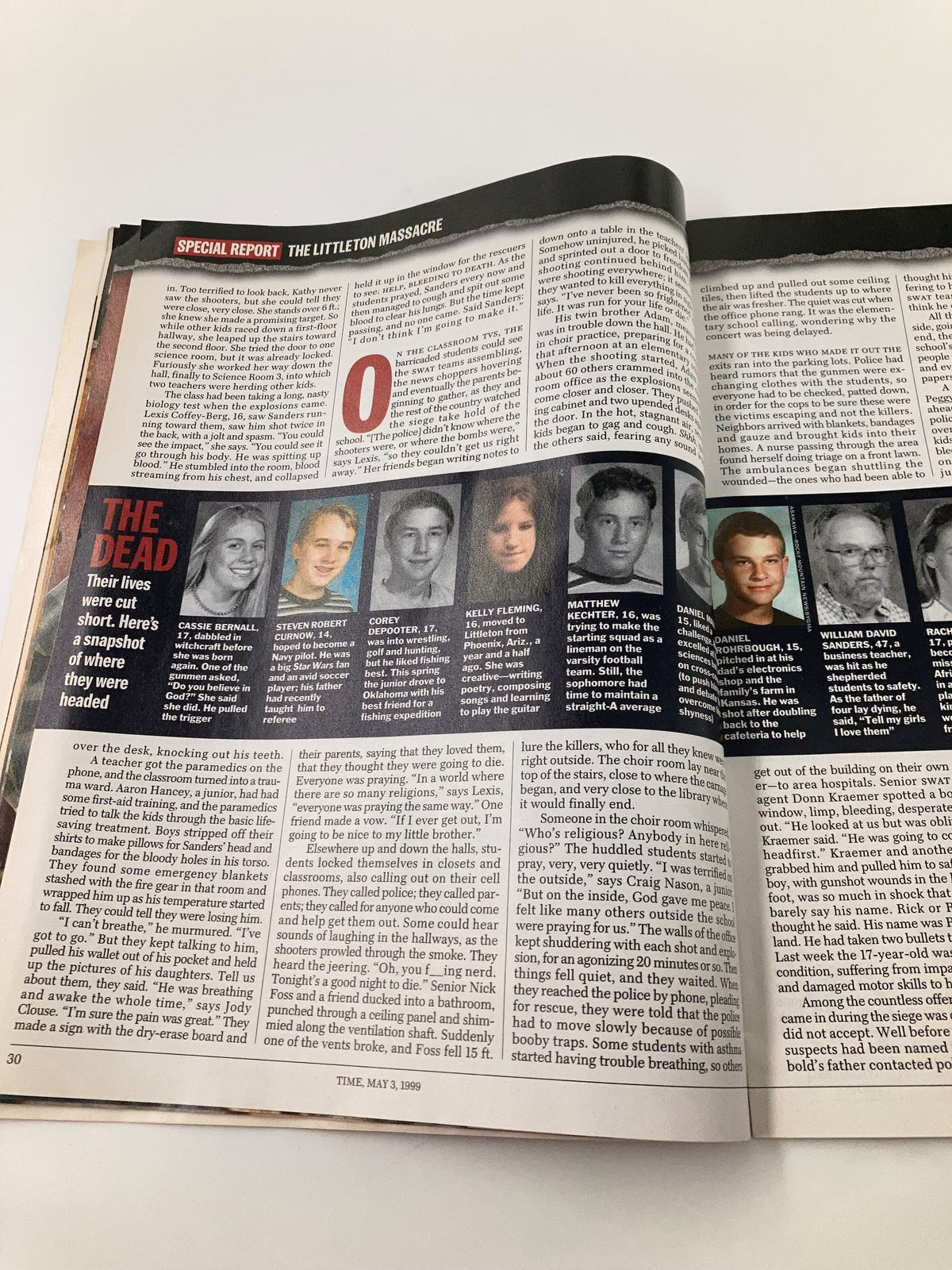 Time Magazine May 3, 1999, detailing the victims of the Columbine shooting, capturing the sorrow and urgency of the situation in the aftermath of the tragedy.