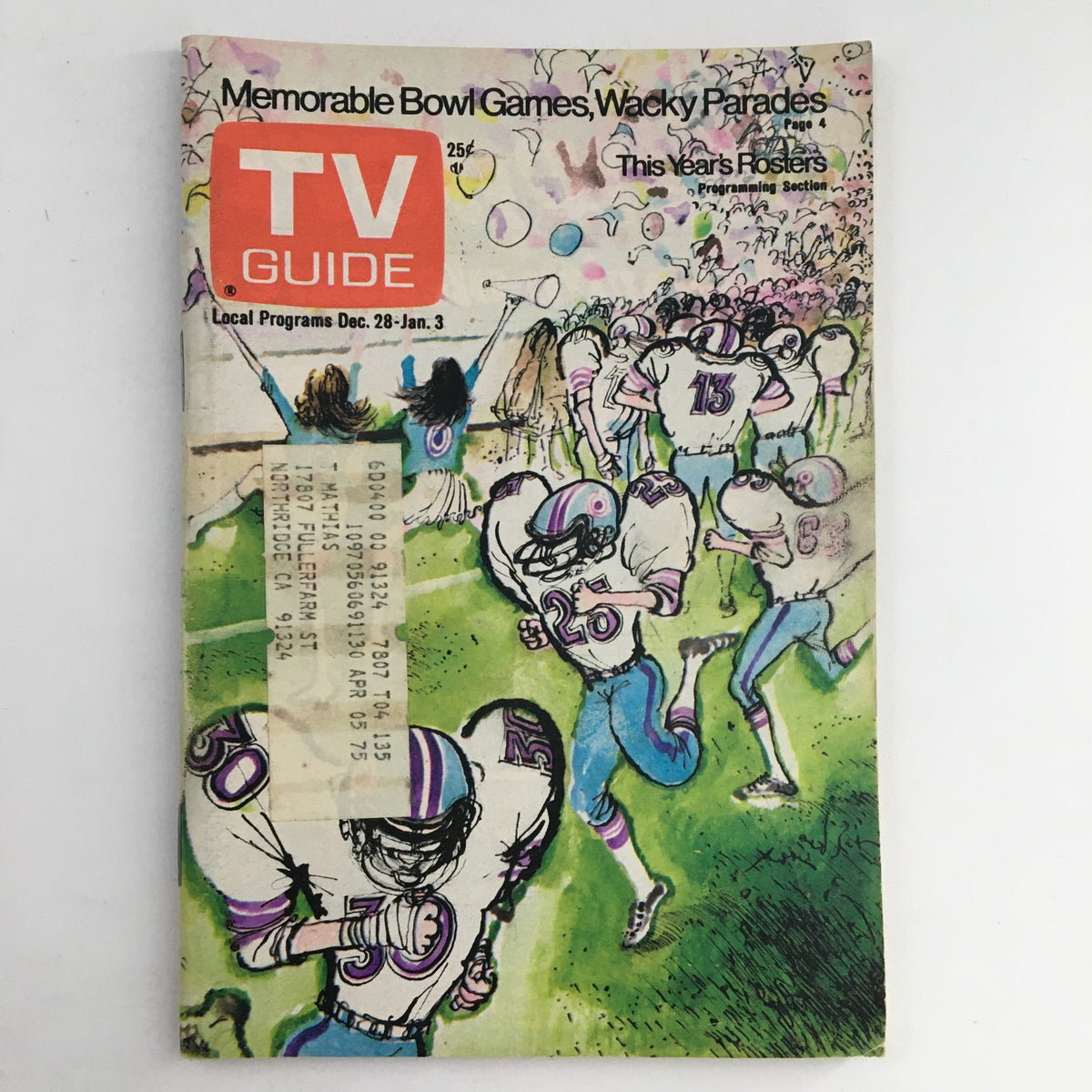Front cover of TV Guide Magazine December 28 1974 featuring colorful illustrations of football players celebrating, showcasing themes of memorable bowl games and wacky parades, LA Edition.