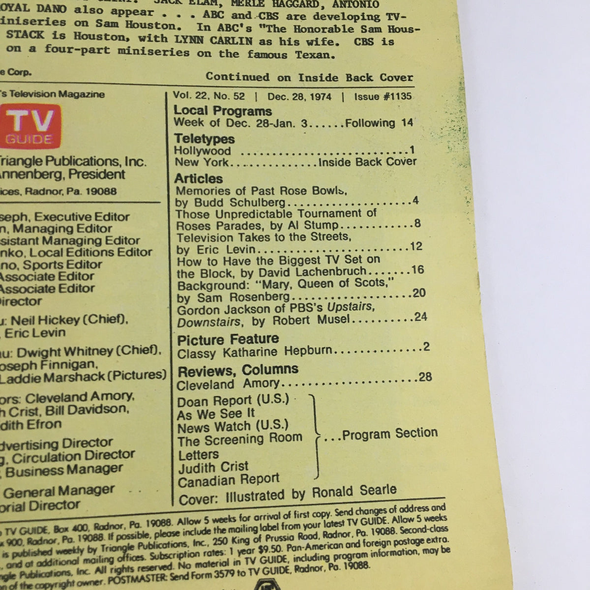 Back cover of TV Guide Magazine December 28 1974 highlighting local program listings and articles, with a design reflective of the mid-1970s television era, LA Edition.
