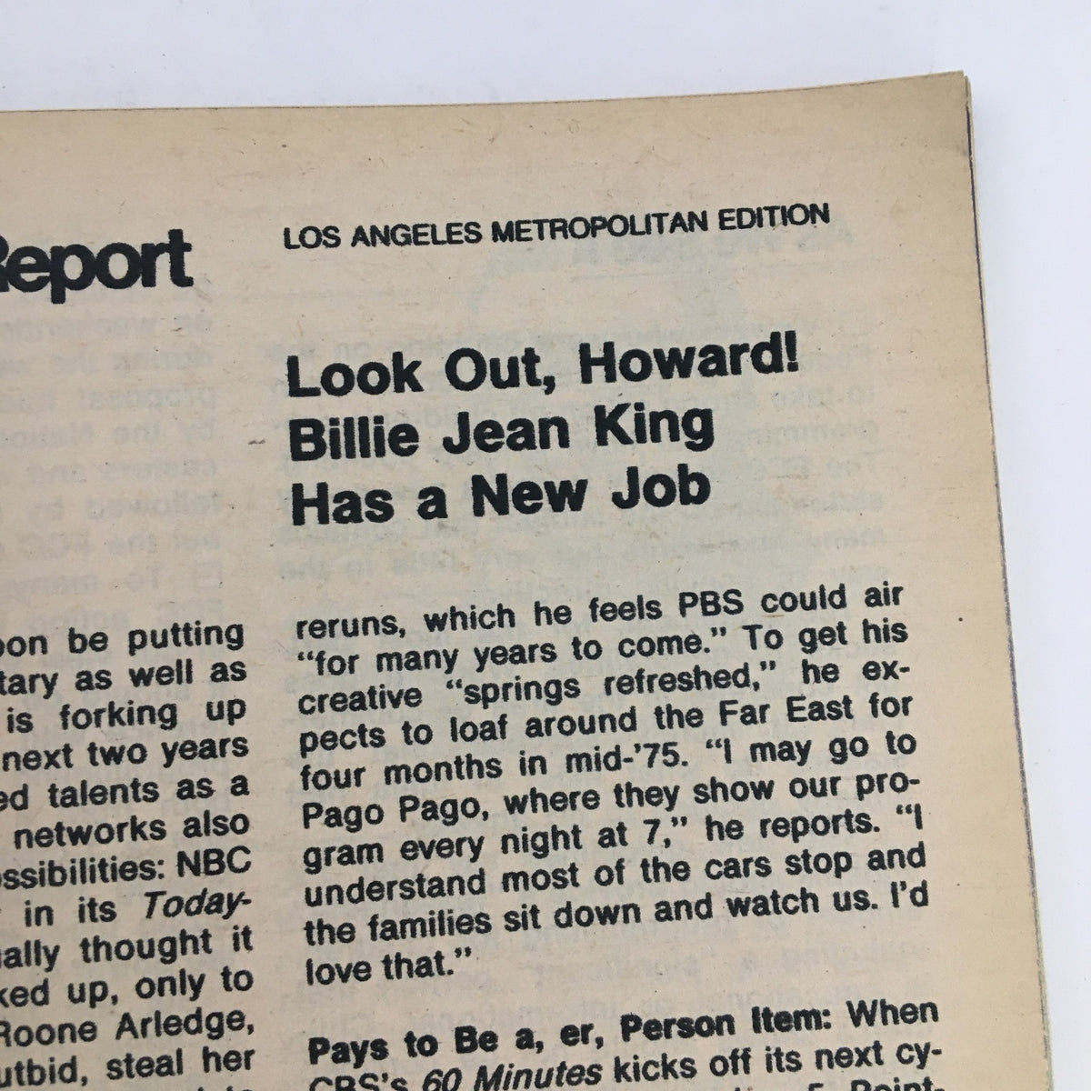 Inside page of TV Guide Magazine December 28 1974 featuring an article on Billie Jean King, discussing her new job and the focus on upcoming PBS programming, LA Edition.
