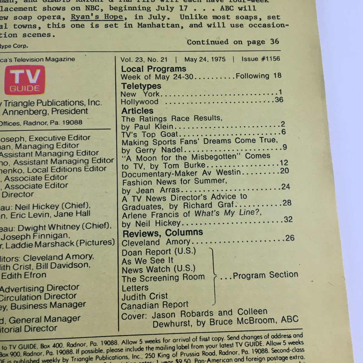 TV Guide Magazine from May 24, 1975, featuring Jason Robards and Colleen Dewhurst on the cover, showcasing articles and reviews from the mid-1970s television landscape.