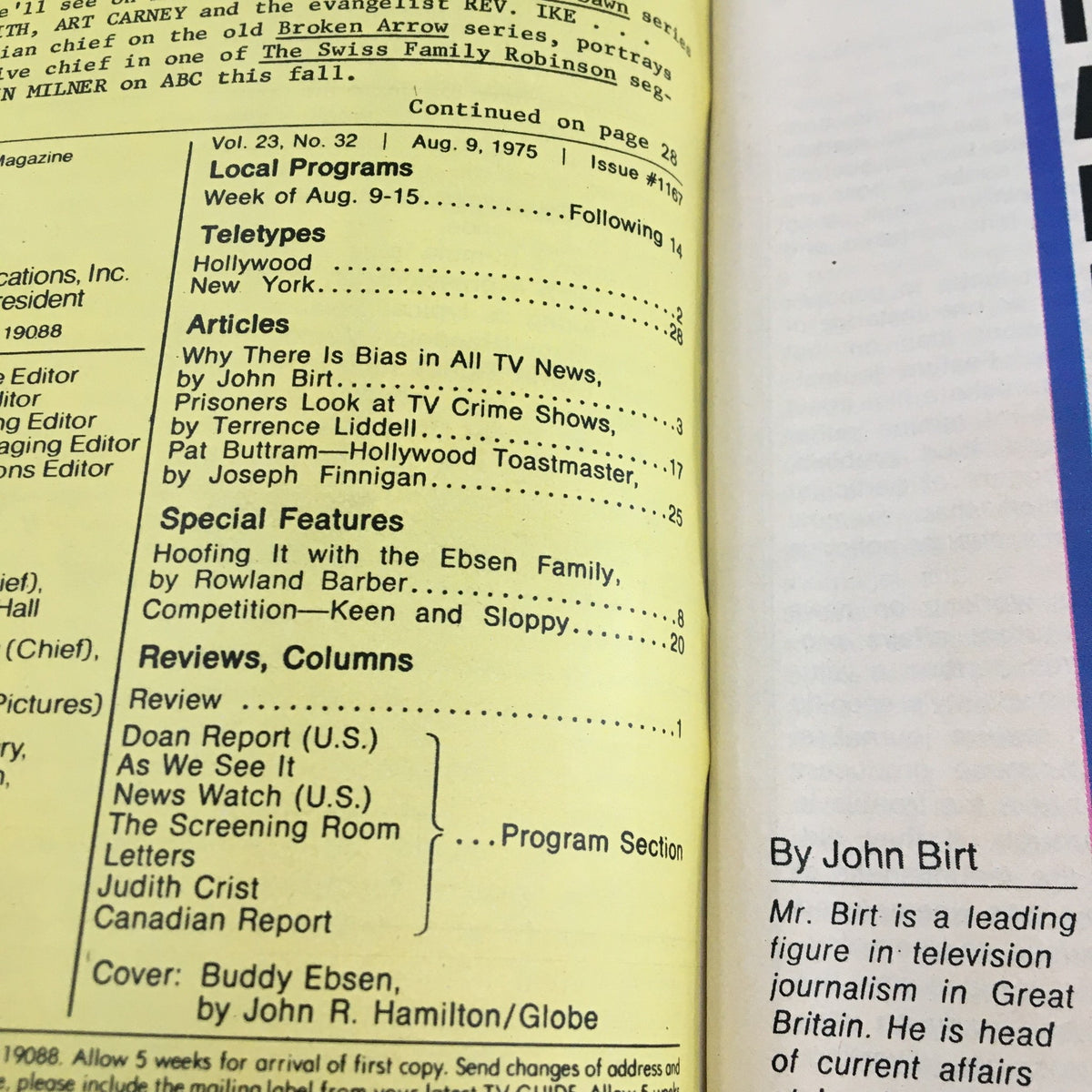Inside page of the TV Guide Magazine August 9, 1975 highlighting articles, including Buddy Ebsen's feature and insights about television shows.