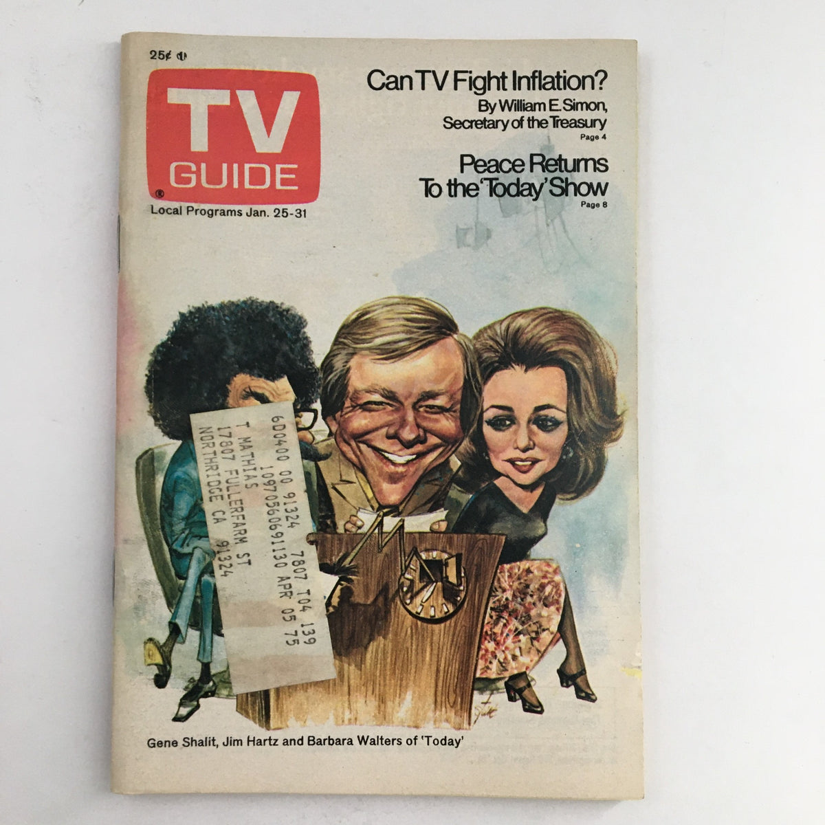 Cover of TV Guide Magazine dated January 25, 1975, featuring Gene Shalit, Jim Hartz, and Barbara Walters. The cover highlights articles on television's impact during inflation and peace returns to the Today Show. Ideal for collectors of vintage magazines.