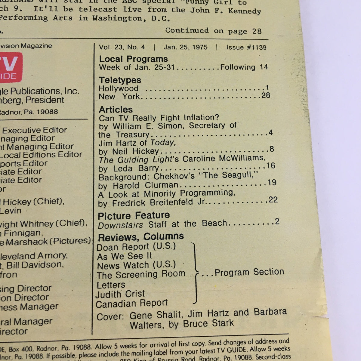 Page from TV Guide Magazine January 25 1975 featuring articles and features including Gene Shalit, Barbara Walters, and editorial content related to television programming of the time.