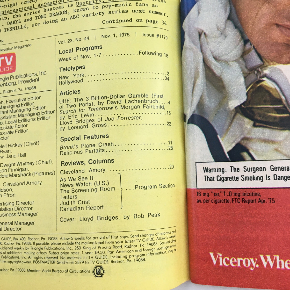Inside page of TV Guide Magazine November 1 1975 showing the contents section with articles including Lloyd Bridges of 'Hot Shots!'. A valuable resource for television history enthusiasts.