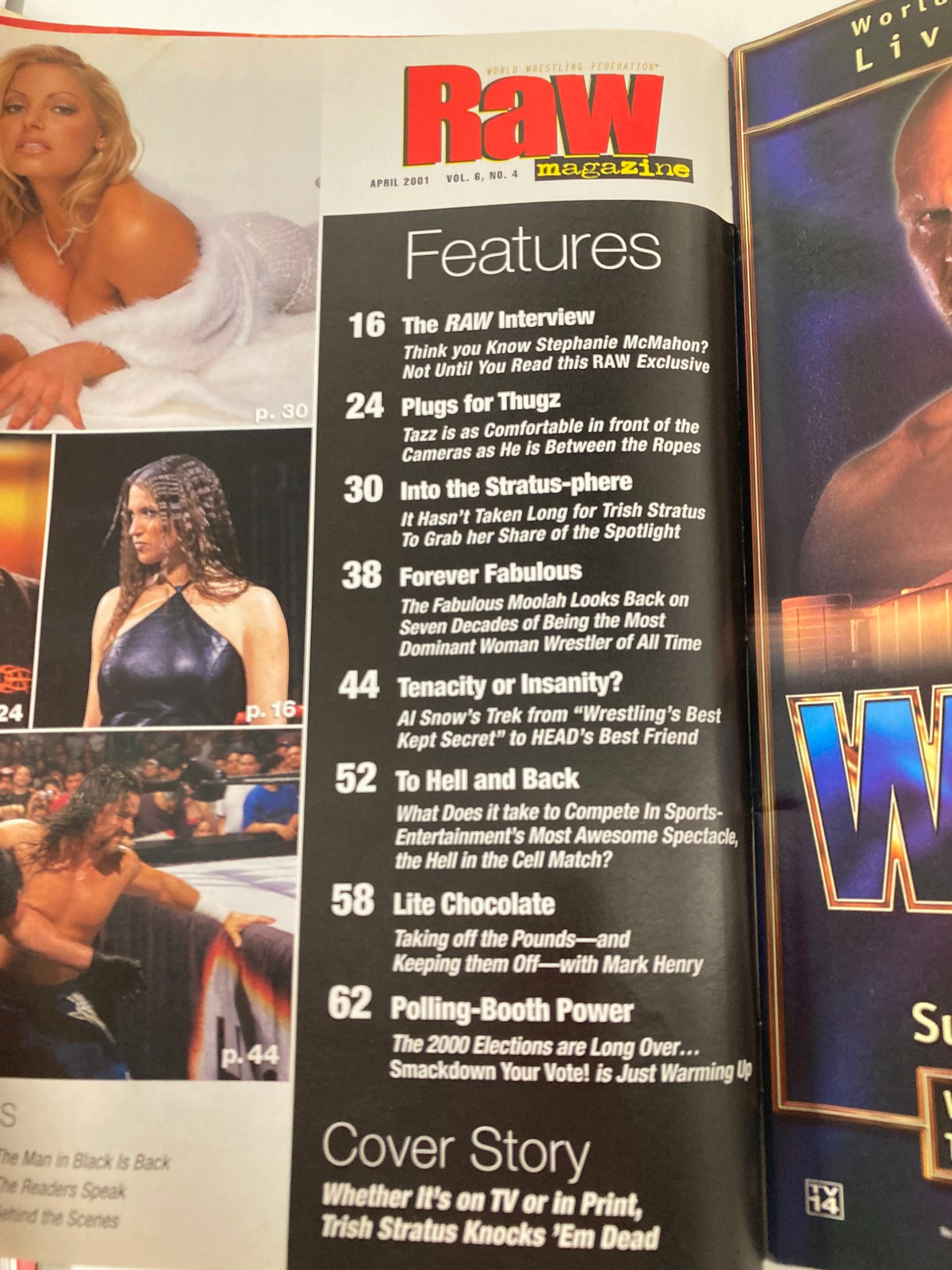 Inside page of WWF Raw Magazine April 2001, highlighting features including articles about Trish Stratus and other wrestling content.