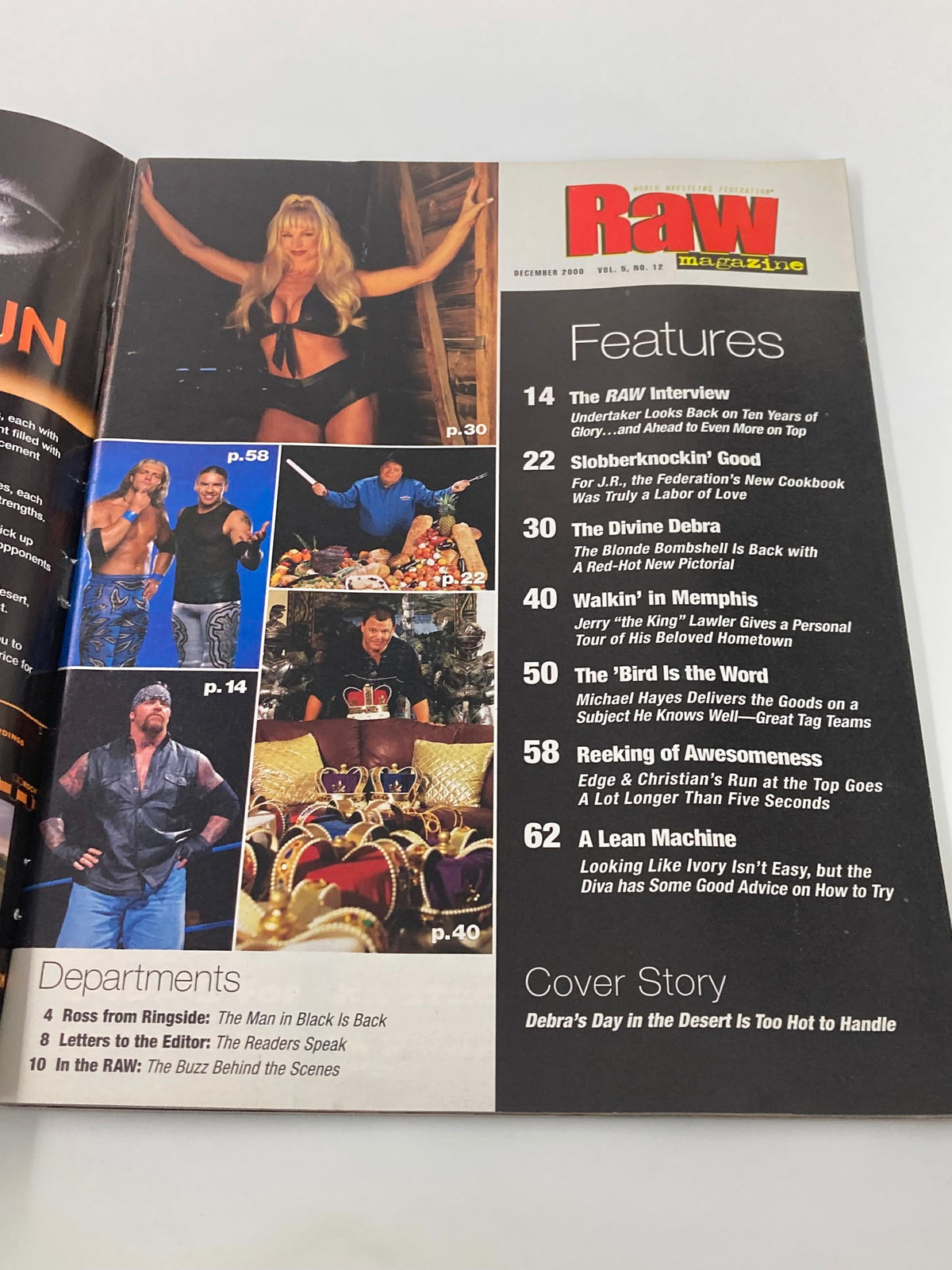 Interior page of WWF Raw Magazine December 2000 with features including the interview with The Undertaker. The page highlights articles and photos of wrestling superstars from the era, alongside Debra Marshall.