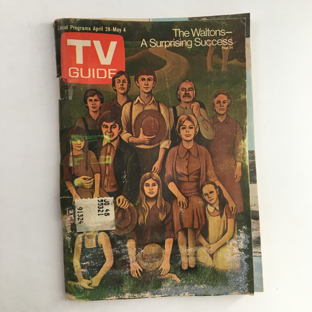 Cover of TV Guide Magazine from April 28, 1973 featuring The Waltons, showcasing a group of characters in a pastoral setting, highlighting its surprising success.