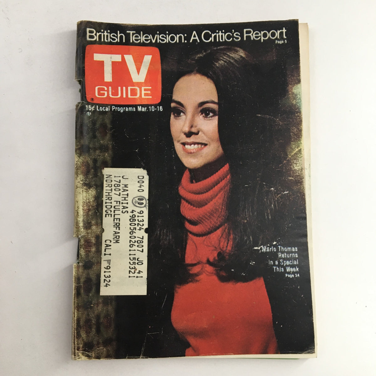 TV Guide Magazine March 10, 1973, featuring Marlo Thomas on the cover in a red sweater, advertising her return in the L.A. edition.