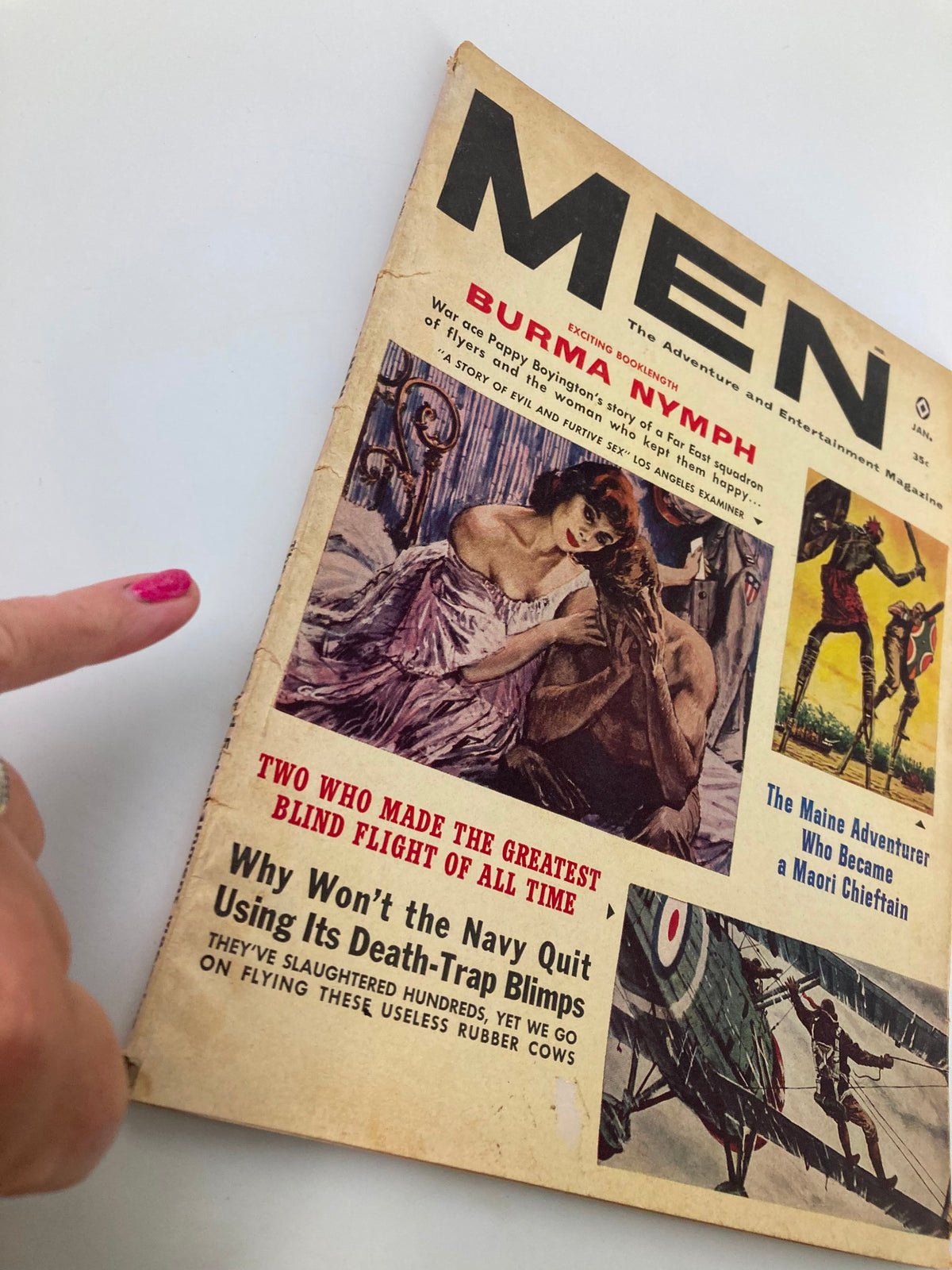 Close-up of Men Magazine January 1961 cover highlighting sections including 'The Maine Adventurer Who Became a Maori Chieftain'.