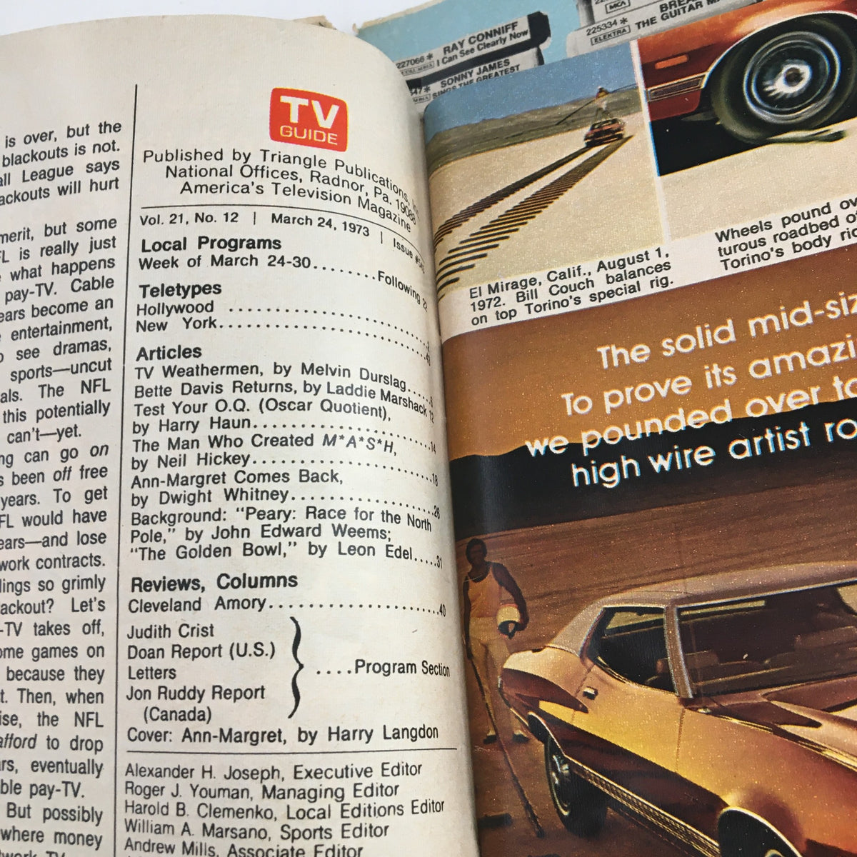 Inside page of TV Guide Magazine March 24, 1973 displaying articles, including a feature on Ann-Margret, capturing a slice of television history.