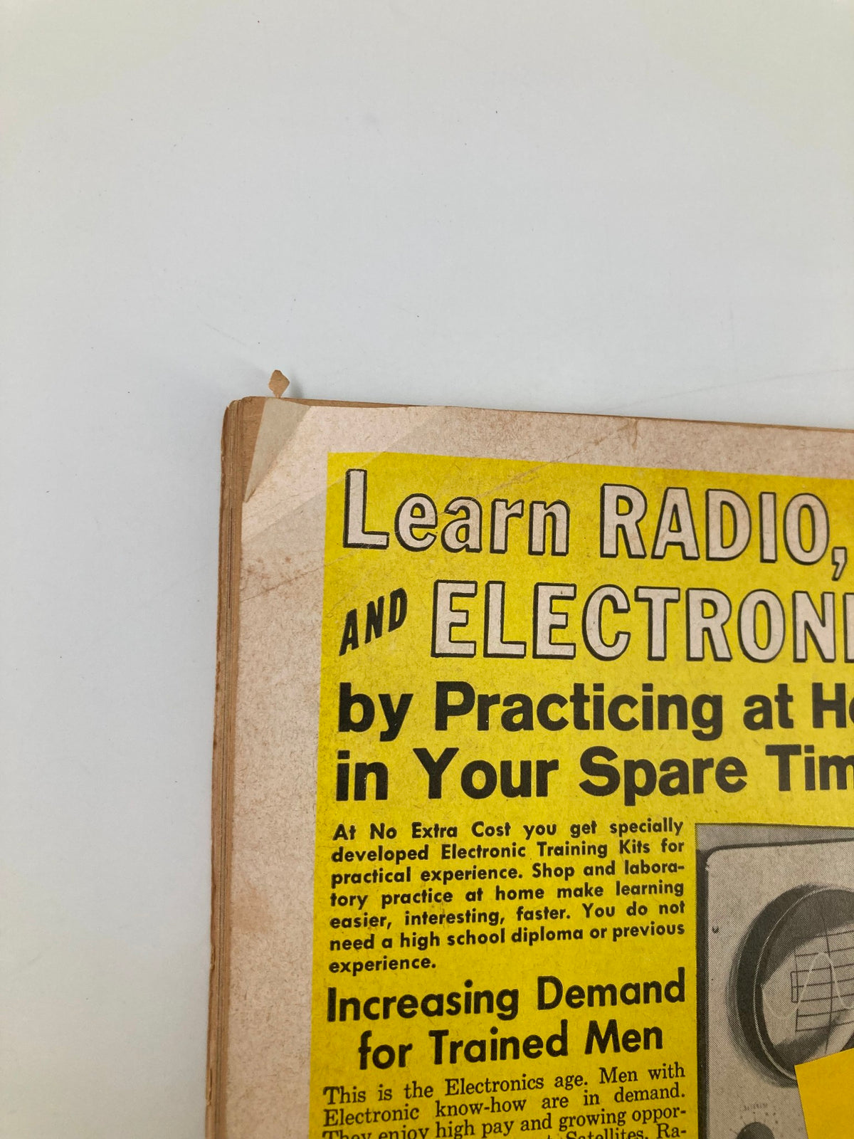 Learn Radio and Electronics advertisement from VTG Men Magazine January 1961, highlighting opportunities for practical training in electronics for aspiring technicians.
