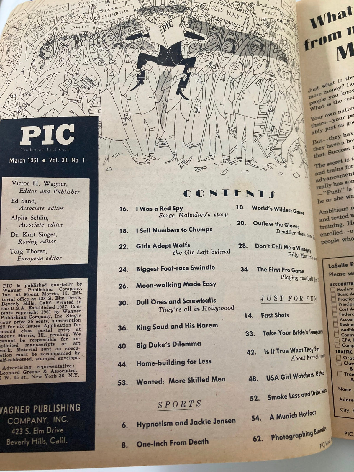 Table of contents from VTG PIC Magazine March 1961, showcasing various articles including 'I Was a Red Spy' and 'Dull Ones and Screwballs'.