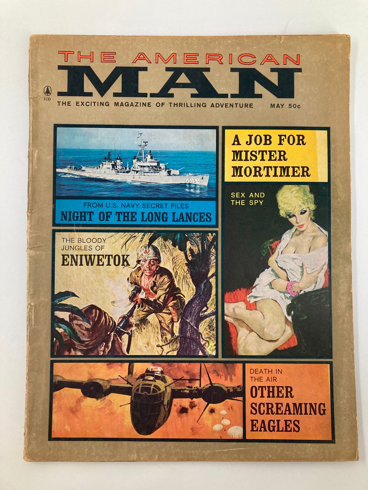 Cover of The American Man Magazine, May 1965 featuring the story 'A Job For Mister Mortimer' along with visually striking graphics and titles like 'Night Of The Long Lances' and 'The Bloody Jungles of Eniwetok'.