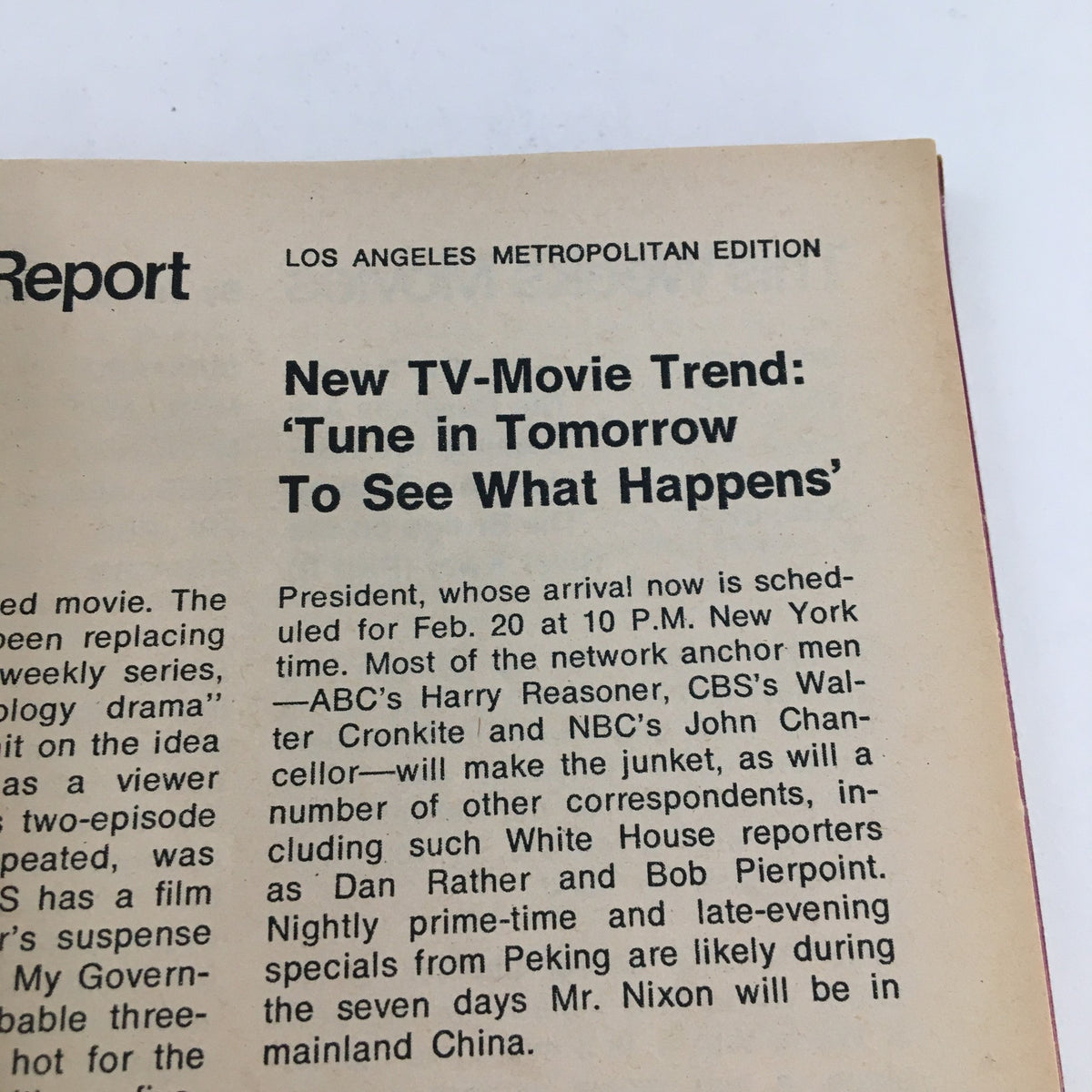Inside page of TV Guide Magazine January 22 1972 featuring an article titled 'New TV-Movie Trend: Tune in Tomorrow To See What Happens,' showcasing insights into the television culture of the era.