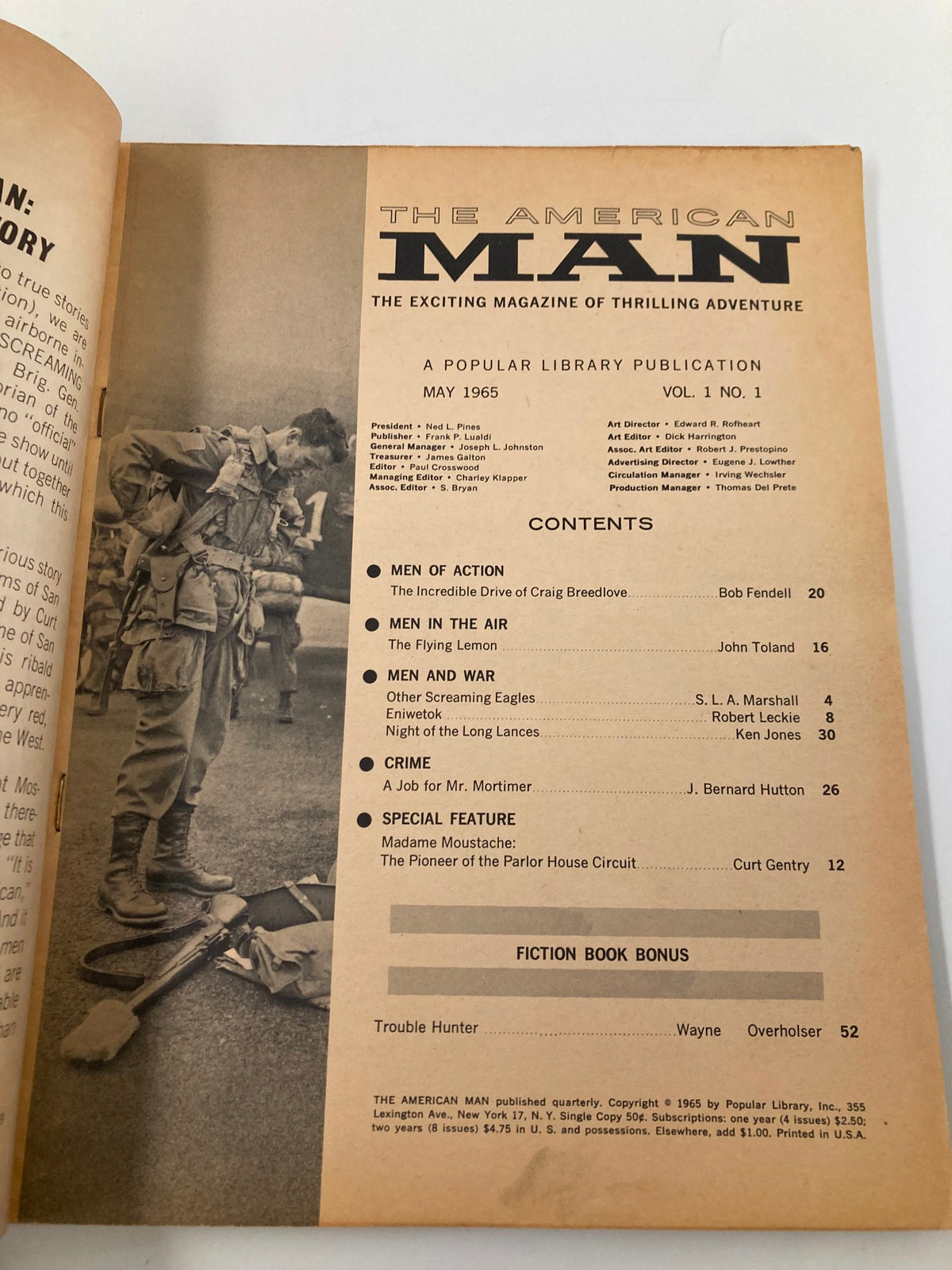 Cover page of VTG The American Man Magazine May 1965 featuring the title 'A Job For Mister Mortimer' alongside table of contents and vintage graphics.