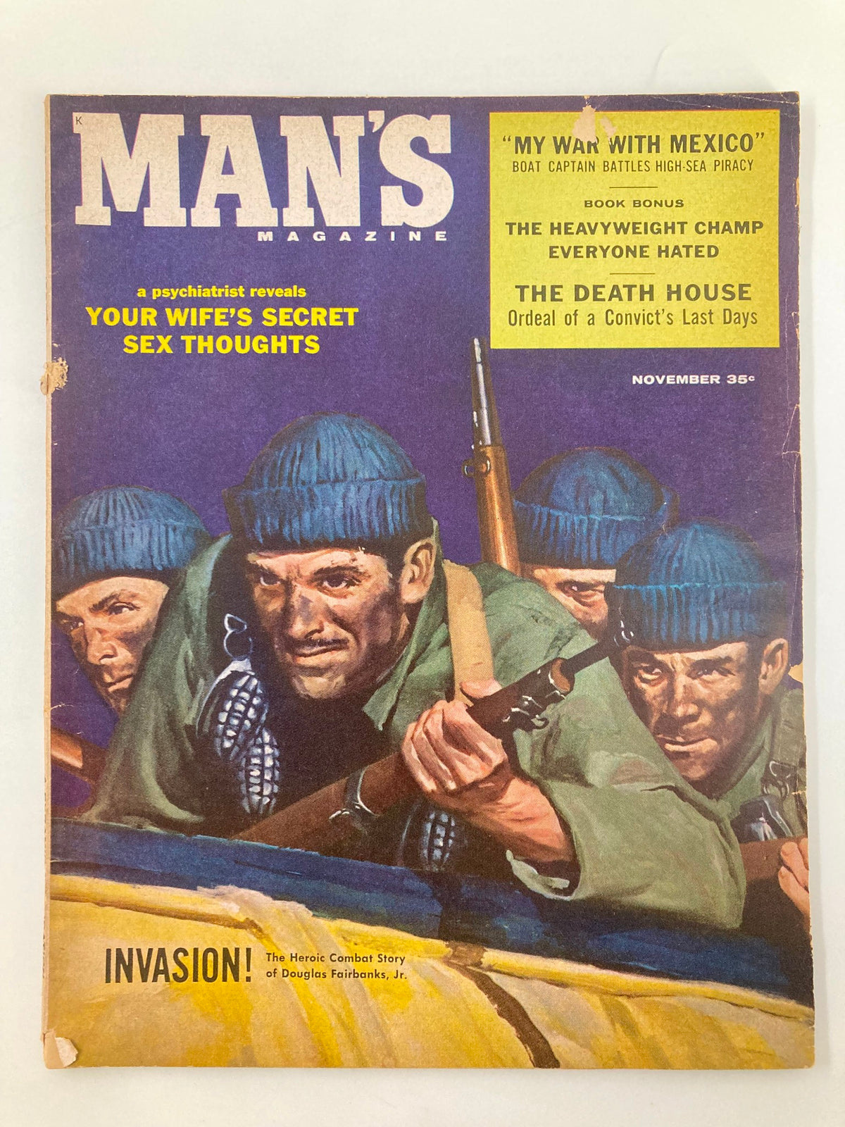 Cover of VTG Man's Magazine November 1958 featuring a dramatic illustration related to the heroic combat story of Douglas Fairbanks Jr. The cover includes text elements such as 'YOUR WIFE'S SECRET SEX THOUGHTS' and highlights the issue's theme with the word 'INVASION!'.