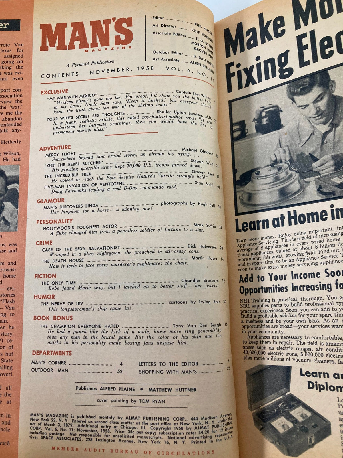 Inside page of VTG Man's Magazine November 1958 displaying the table of contents. Features titles and articles including 'My War With Mexico' and 'Your Wife's Secret Sex Thoughts', reflecting the magazine's diverse themes relevant to mid-20th century American culture.