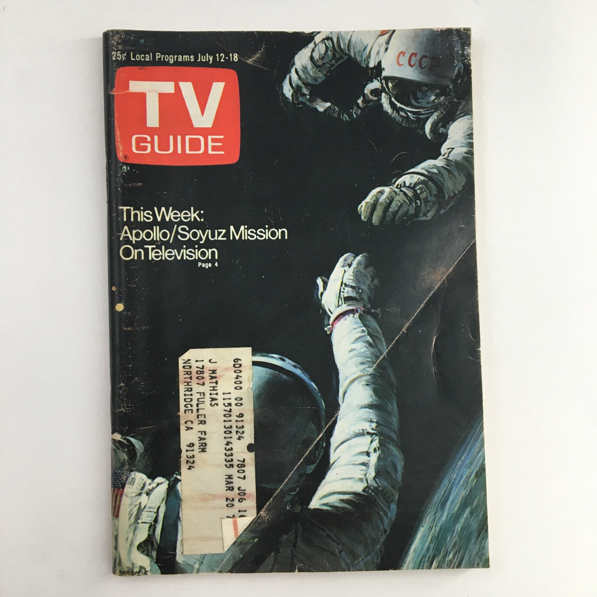 Front cover of TV Guide Magazine dated July 12, 1975, featuring the Apollo & Soyuz Mission on Television, showcasing astronauts in space with a unique vintage design.