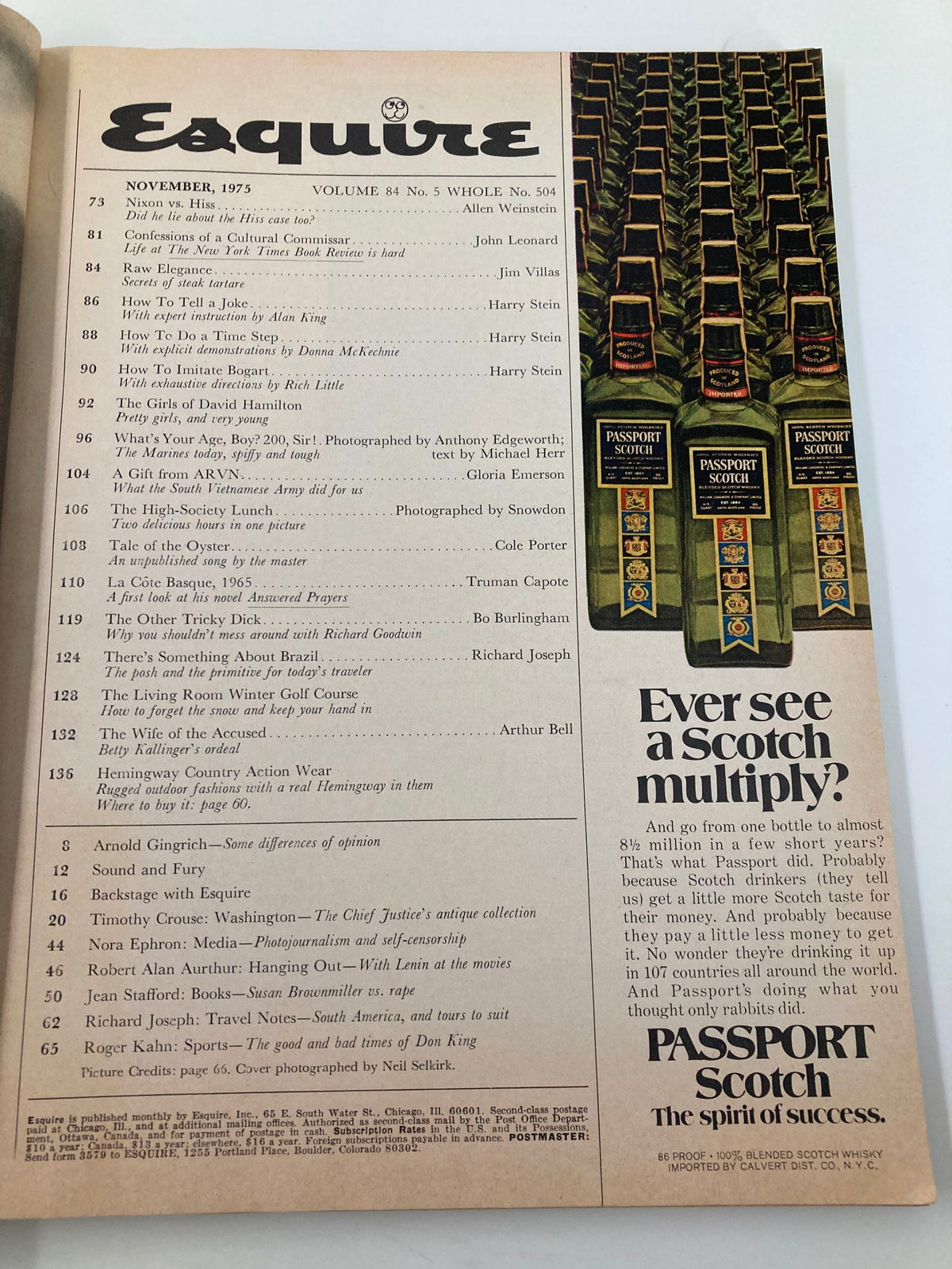 Inside page of VTG Esquire Magazine from November 1975, showcasing the table of contents. This page features various articles including special contributions from Truman Capote and sections related to the cultural and literary landscape of the 1970s.