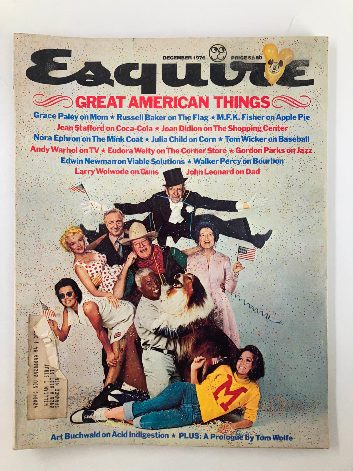Vintage Esquire Magazine cover from December 1975 featuring the title 'Esquire: Great American Things' with articles by Grace Paley and Russell Baker including their perspectives on motherhood and national identity.