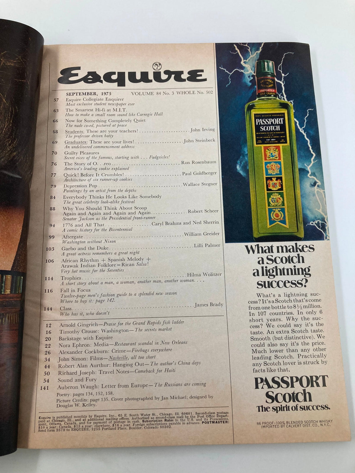 Interior page of VTG Esquire Magazine September 1975 displaying the table of contents, highlighting various articles and sections included in the issue.