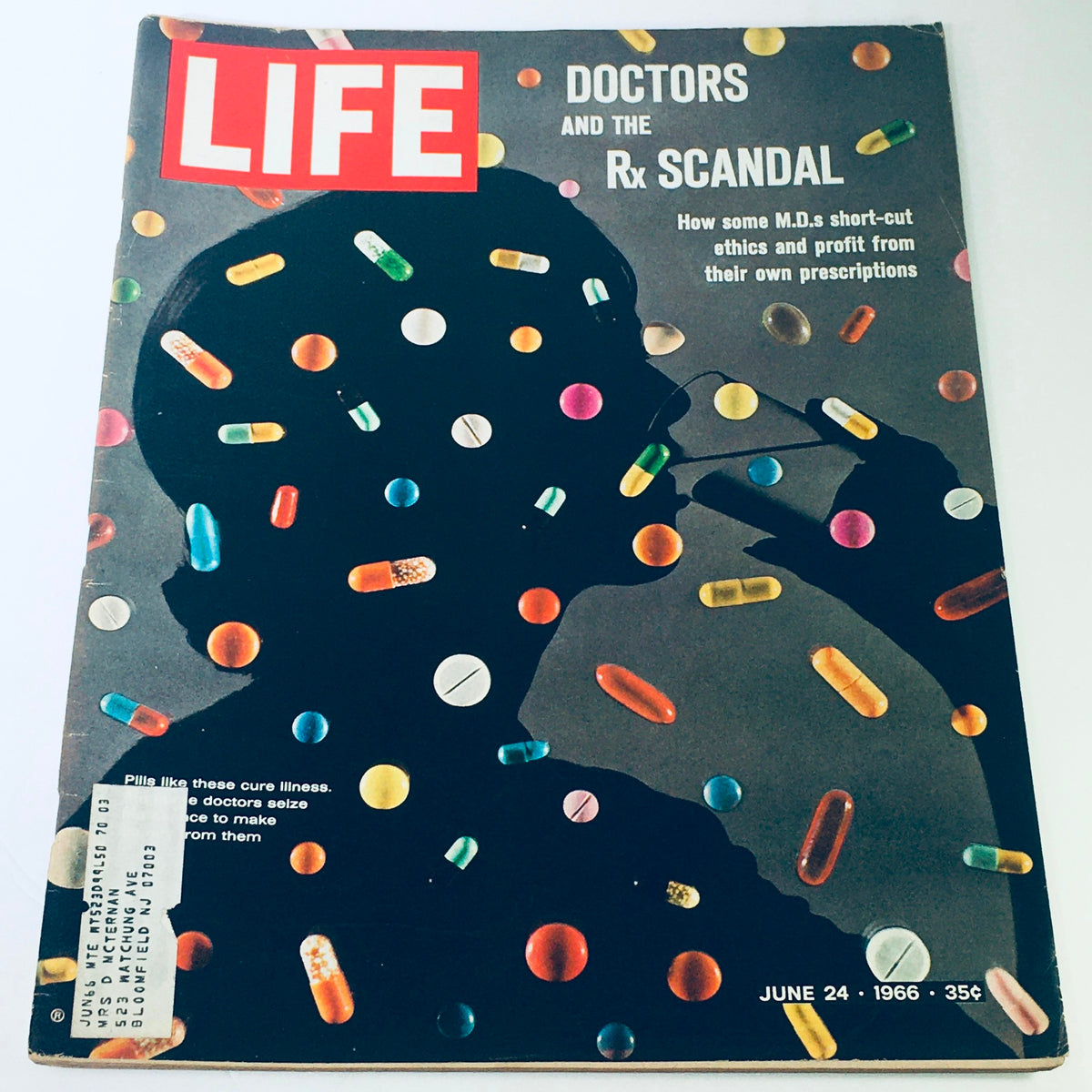 VTG Life Magazine June 24 1966 cover featuring doctors and the Rx scandal, showcasing colorful pills against a silhouette of a man with text discussing MD's ethics and prescription practices.