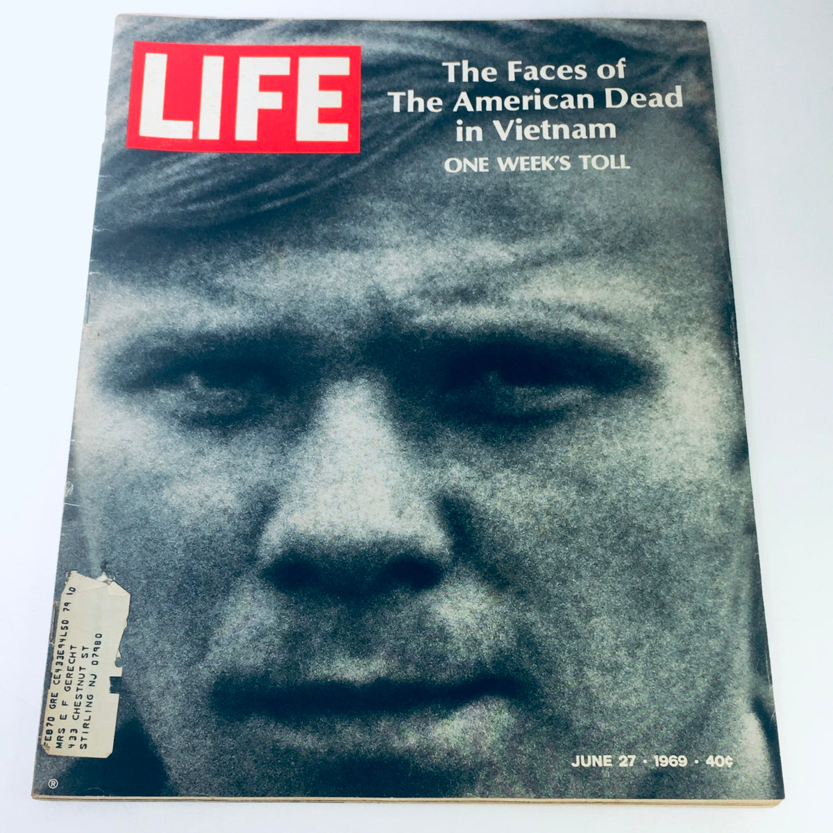 Cover of the vintage Life Magazine from June 27, 1969, featuring the title 'The Faces of The American Dead in Vietnam'. The cover displays a close-up photo of a somber face, highlighting the magazine's focus on the emotional toll of the Vietnam War.
