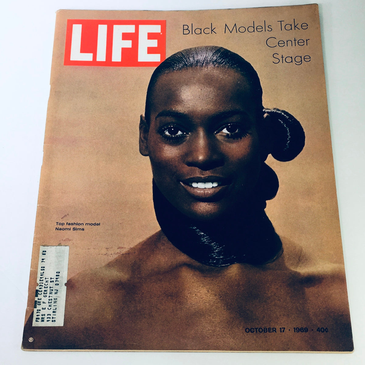 Vintage Life Magazine cover from October 17, 1969, featuring black model Naomi Sims, showcasing her prominence during a transformative era in fashion history.