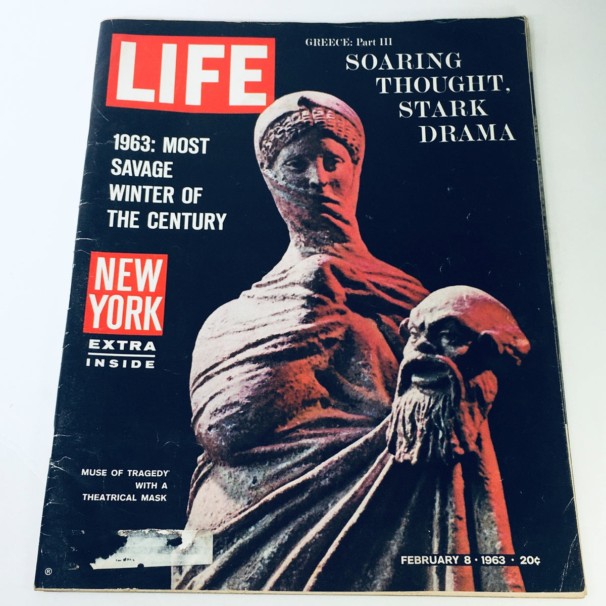 Cover of VTG Life Magazine February 8 1963 featuring the title 'Greece Part III: Soaring Thought, Stark Drama', showcasing a statue alongside bold text highlighting '1963: Most Savage Winter of the Century' and 'New York Extra Inside'.