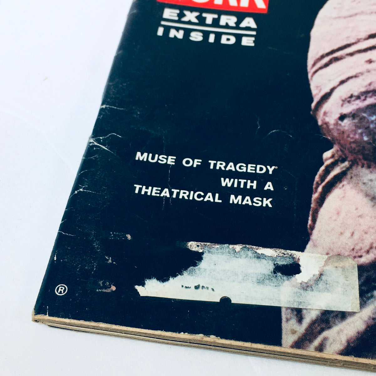 Close-up of the cover of VTG Life Magazine February 8, 1963, showcasing text that reads 'Muse of Tragedy with a Theatrical Mask.' This vintage issue is part of 'Greece Part III: Soaring Thought, Stark Drama.'