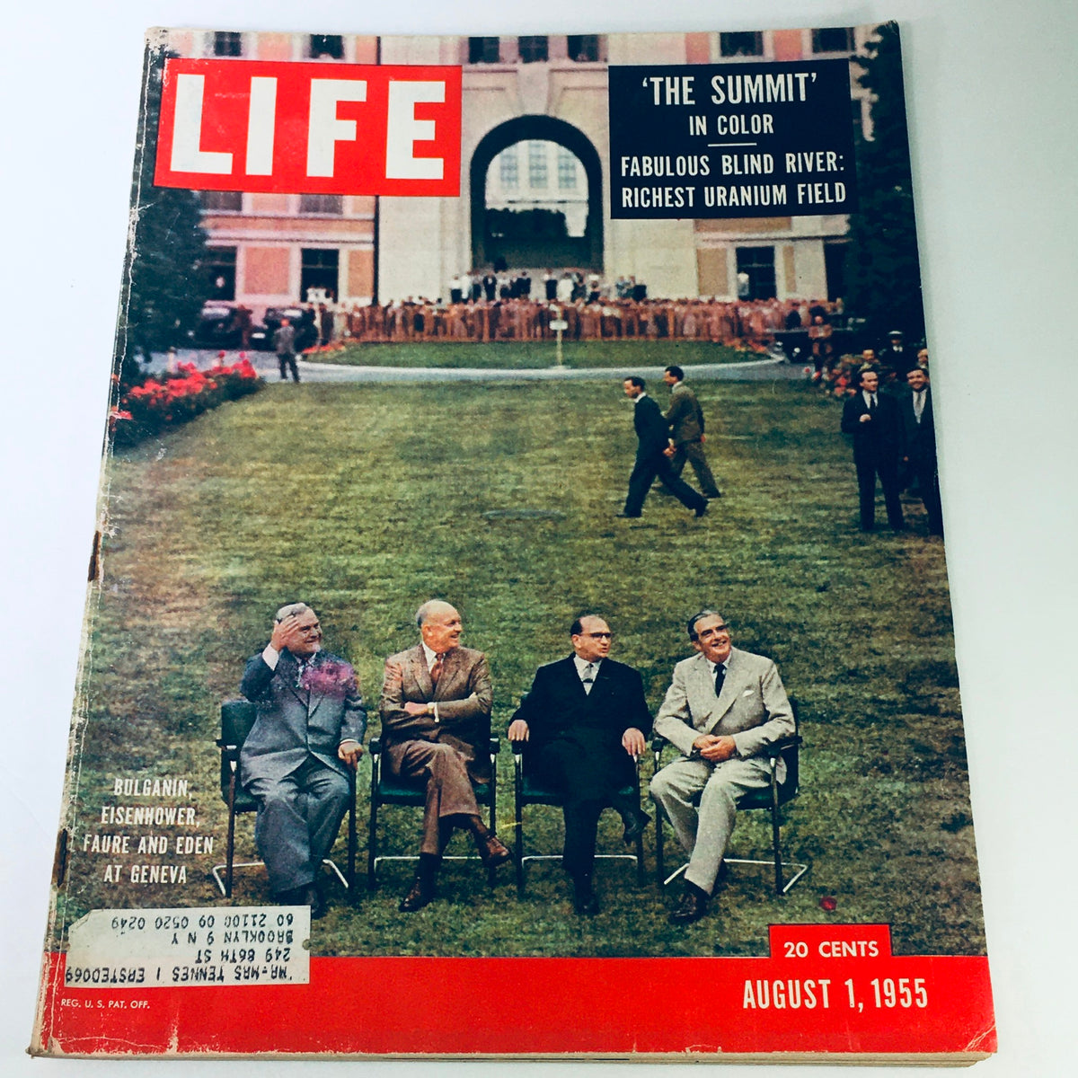 Vintage Life Magazine August 1 1955 cover featuring prominent leaders Nikolai Bulganin, Dwight Eisenhower, Faure, and Eden, captured during a summit at Geneva.
