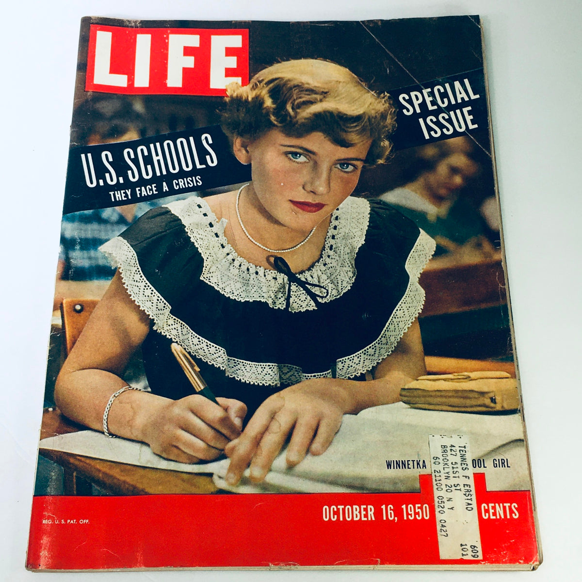 Cover of VTG Life Magazine October 16 1950 - Special Issue of U.S. Schools Facing Crisis featuring a young girl studying at a desk, highlighted by the magazine's title and the date.