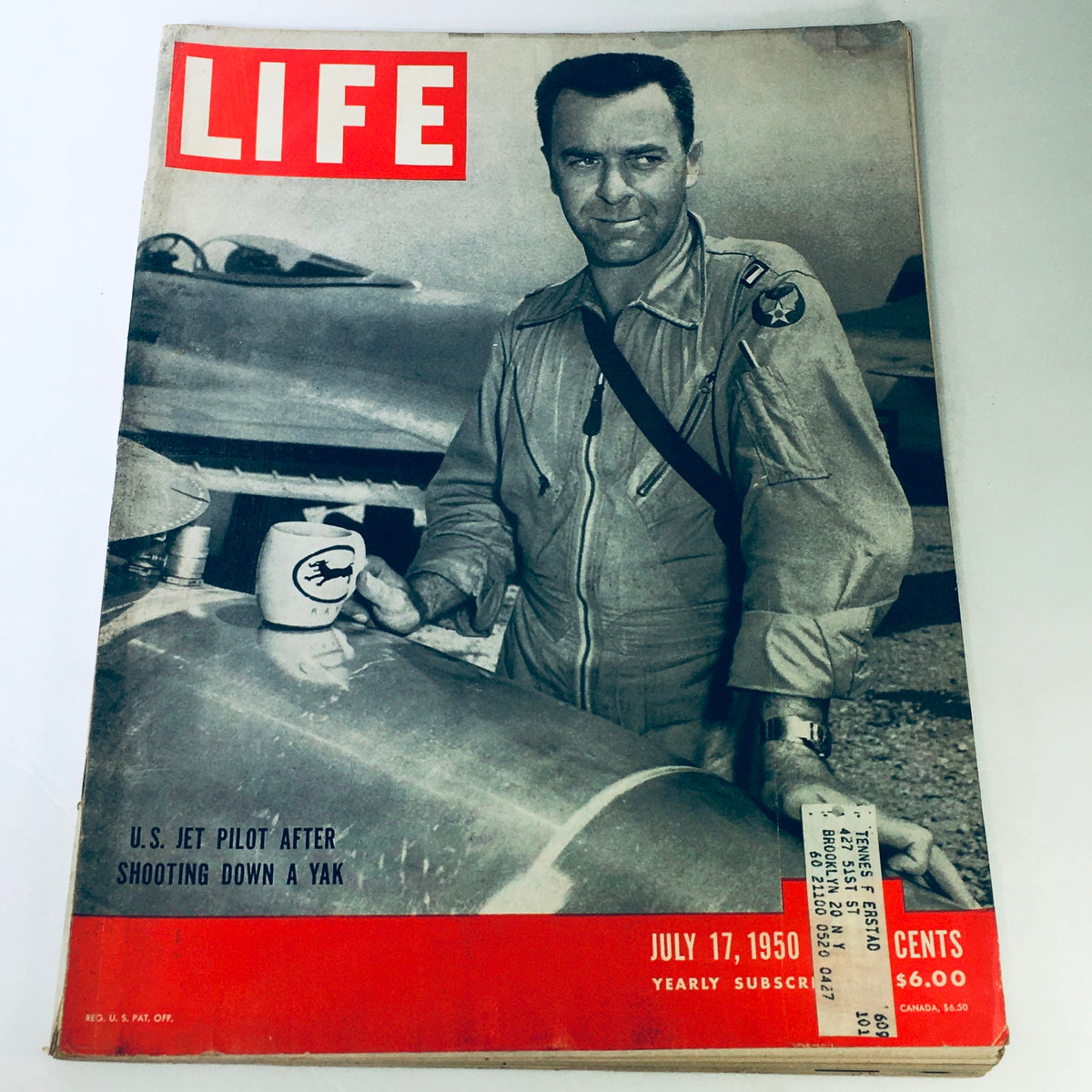 Vintage Life Magazine July 17, 1950 cover featuring a U.S. jet pilot holding a mug, highlighting the story of shooting down a Yak aircraft during the Cold War.