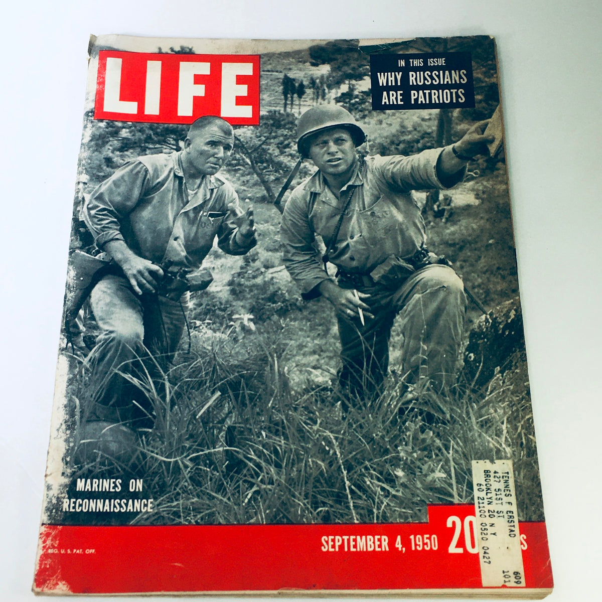 Cover of VTG Life Magazine September 4 1950 featuring the title 'Why Russians Are Patriots?' showcasing two marines on reconnaissance.