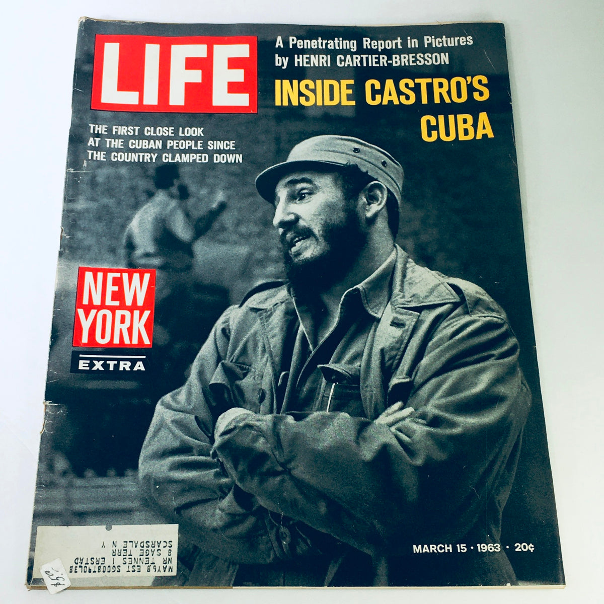 Life Magazine cover from March 15, 1963, featuring the title 'Inside Castro's Cuba.' The image depicts a serious-looking man, possibly Fidel Castro, dressed in military attire, highlighting the historical context of Cuba during significant political changes.