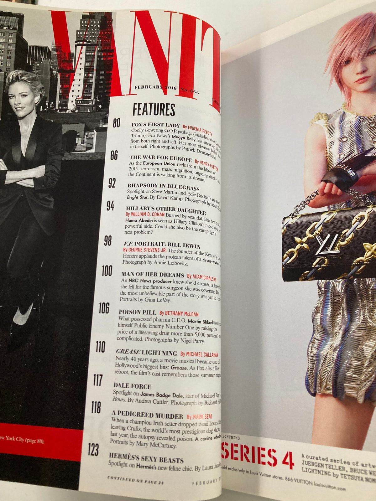 Inside page of Vanity Fair magazine February 2016 showing the table of contents, with features including Megyn Kelly, Martin Shkreli, and other notable articles.