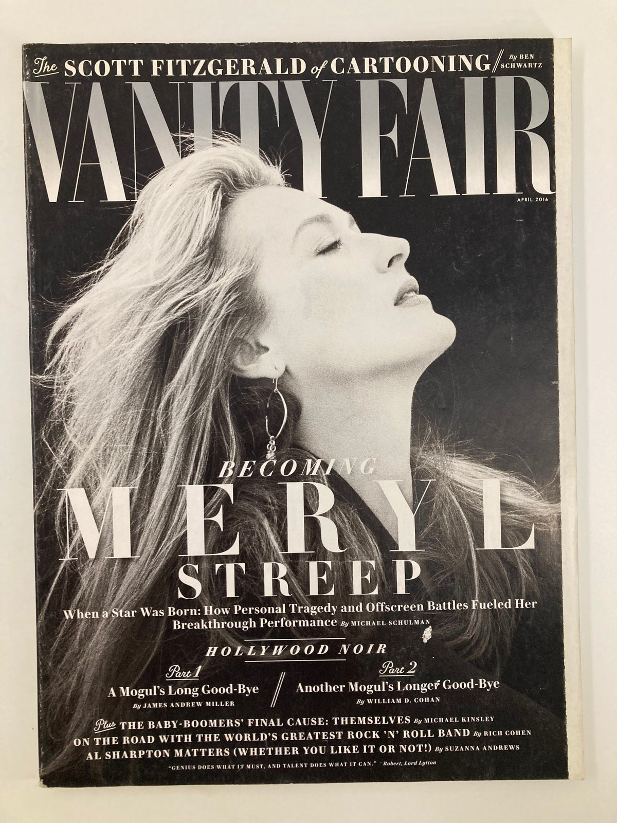 Vanity Fair Magazine April 2016 cover featuring Meryl Streep in a Hollywood Noir theme, highlighting her iconic status and the article 'Becoming Meryl Streep'.