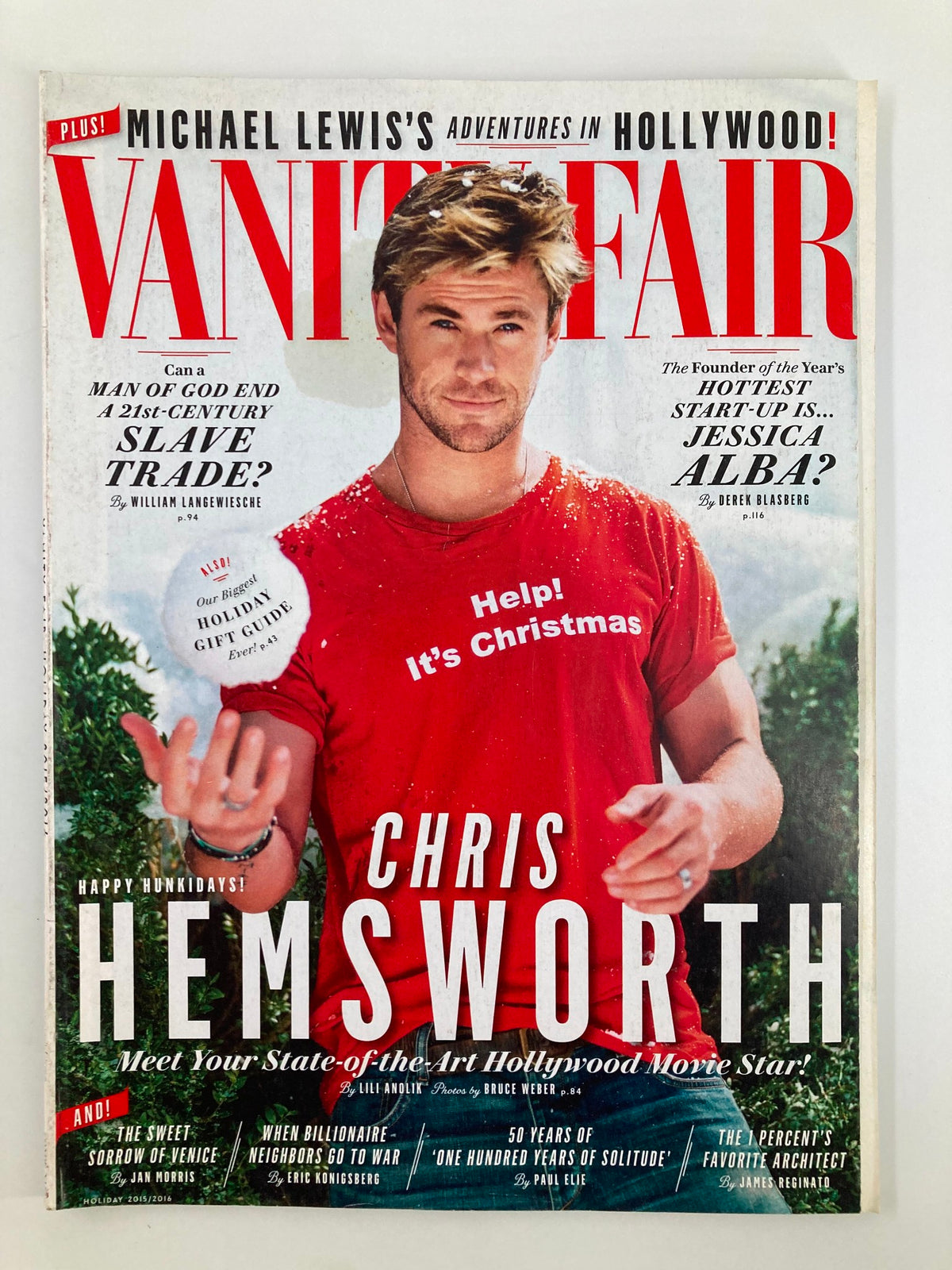 Cover of Vanity Fair Magazine Holiday 2015 featuring Chris Hemsworth. The issue highlights the talented actor with the headline 'Help! It’s Christmas' and emphasizes his status as a prominent Hollywood star.